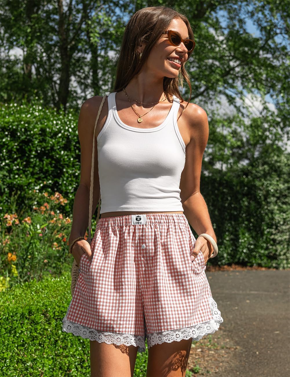 TARSE Gingham Shorts for Women Boxer Lace Trim Sleep Pajama Lounge Shorts Summer Casual Home Wear Bottoms - Image 2