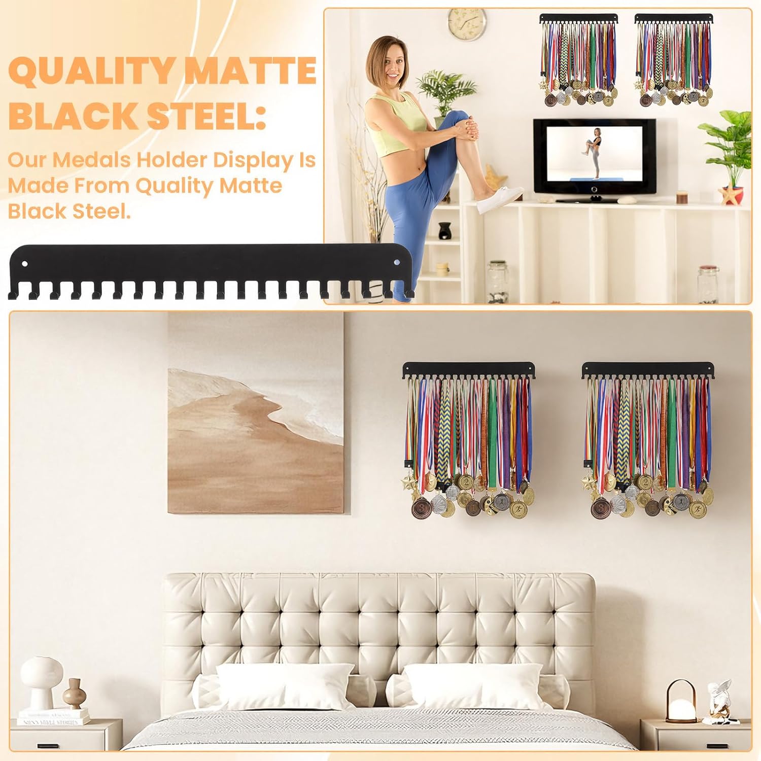 4 Pack Metal Medal Holder Display Hanger Rack, Wall Mounted with 20 Hooks for 60+ Medals, Sturdy Race Medal Holder for Running Gymnastic Soccer Sports Awards