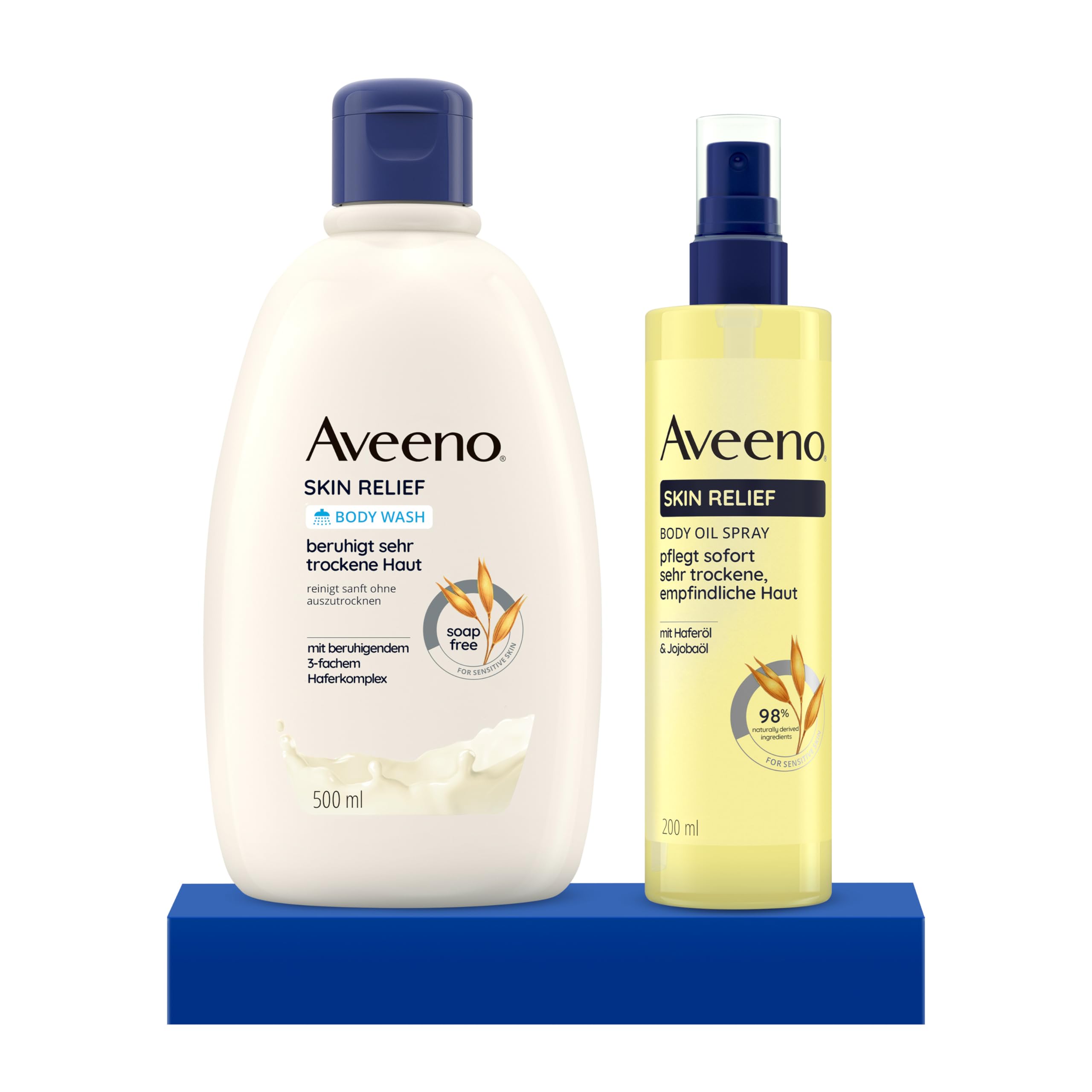 Aveeno Rundum-Pflege für sehr trockene Haut: Aveeno Skin Relief Veganes Duschgel und Körperöl-Spray mit beruhigendem 3-fachem Haferkomplex, Haferöl und Jojobaöl für sehr trockene und empfindliche Haut