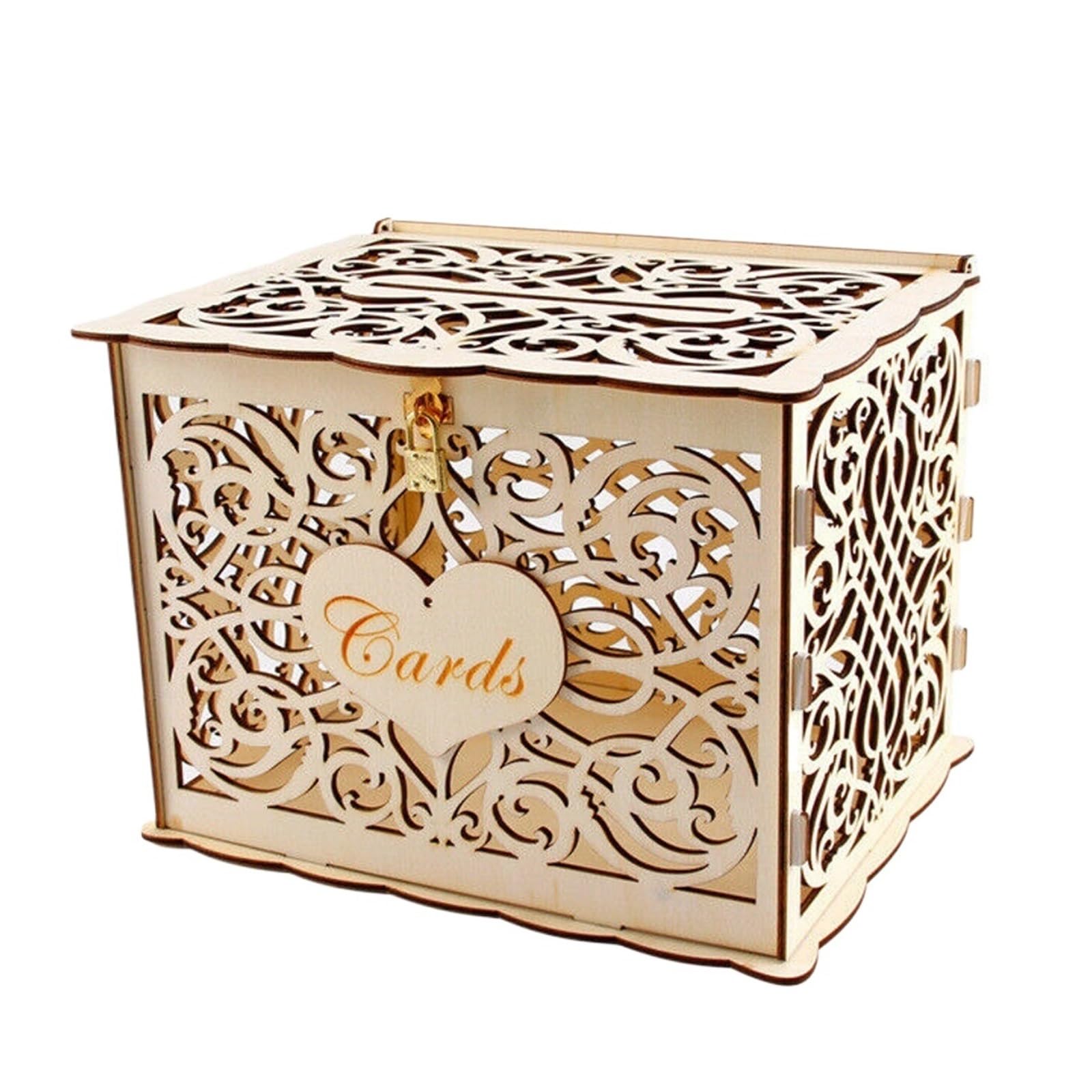 KHASCBNF Wedding Card Box DIY Wedding Card Box Wooden Couple Money Boxes With Lock Hollow Floral Pattern Decor Envelope Birthday Supplies