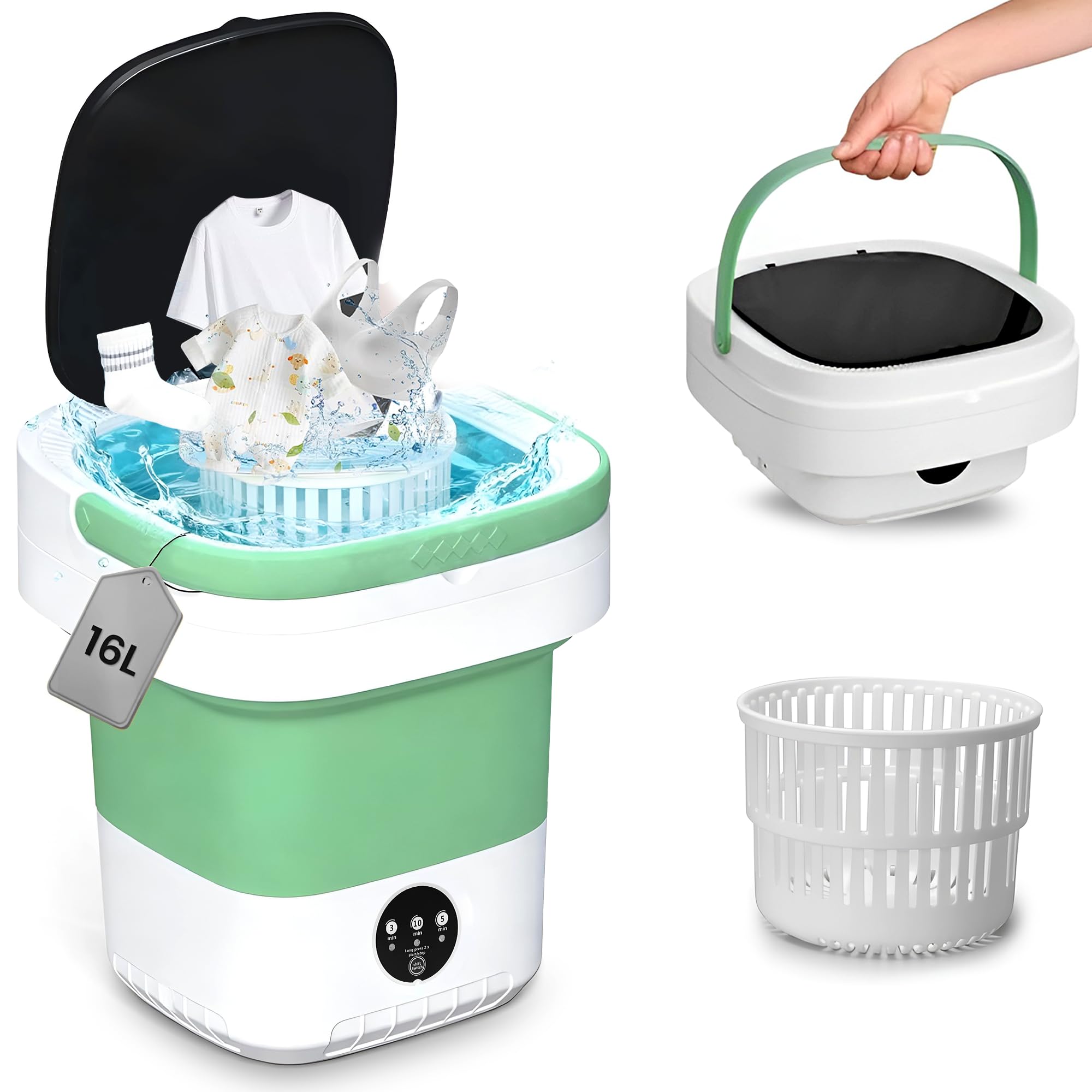 16L Portable Washing Machine - Deep Cleaning Collapsible Mini Washer Small Washing Machine with Spin Basket 3 Wash Modes Timer - Portable Clothes Washer for Travel Apartment Camping Dorm Hotel Home