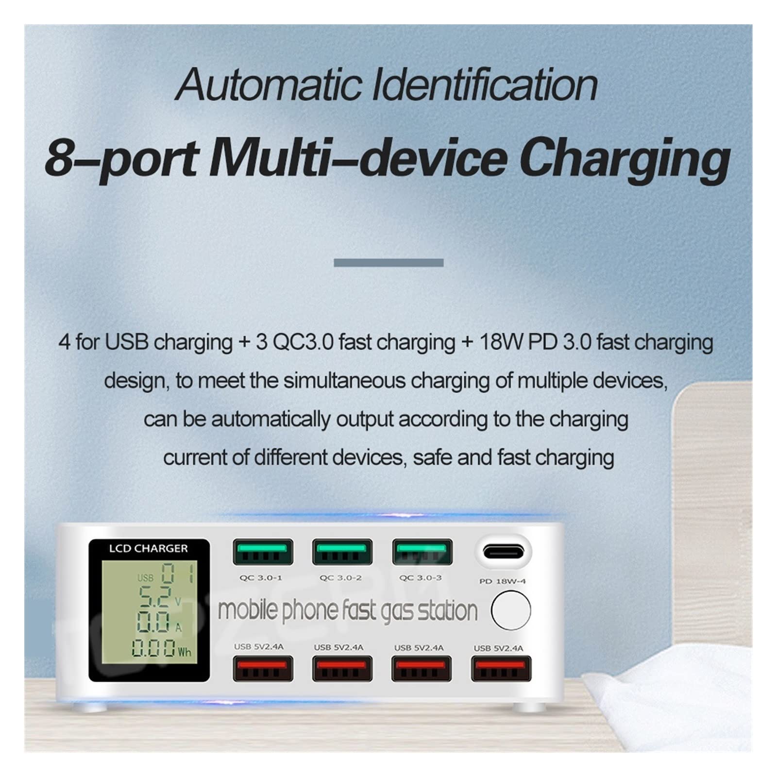 Caricatore USB intelligente 8 porte 100 W Carica rapida 3.0 PD Adattatore di ricarica LCD Multi stazione for cellulare Design portatile