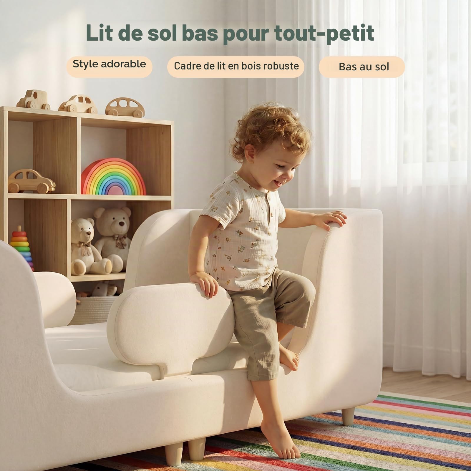 Lit pour petits enfants, Cadre de lit pour enfants rembourré souple, Lits d'enfants avec protection extra-large, Lits d'enfants pour filles et garçons (sans matelas)