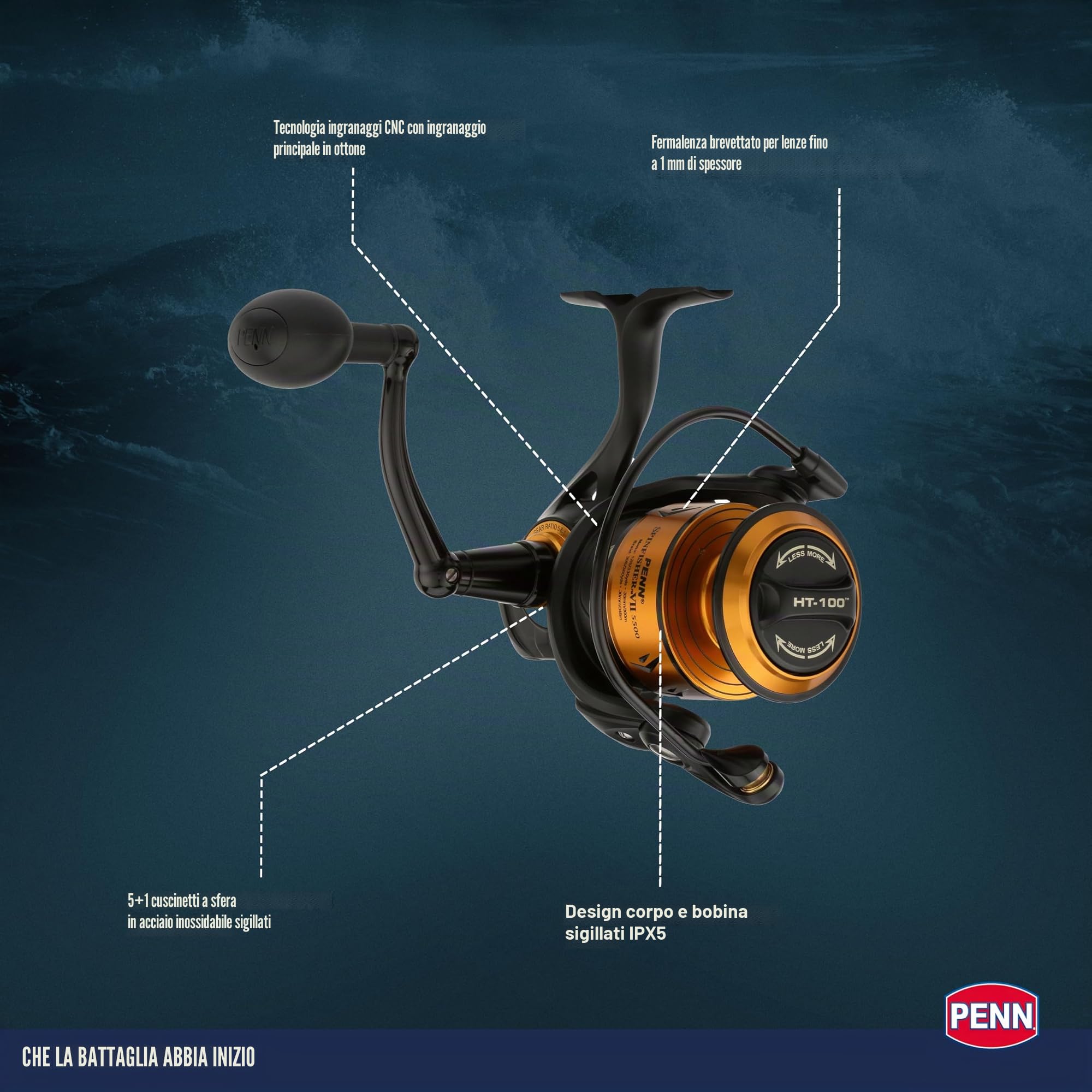 PENN Spinfisher VII Mulinello da spinning, Live Liner & Longcast | Mulinello da pesca in mare con tenuta IPX5 e CNC | Per pescatori da barca, da riva e da scoglio | Diverse misure | Nero e oro