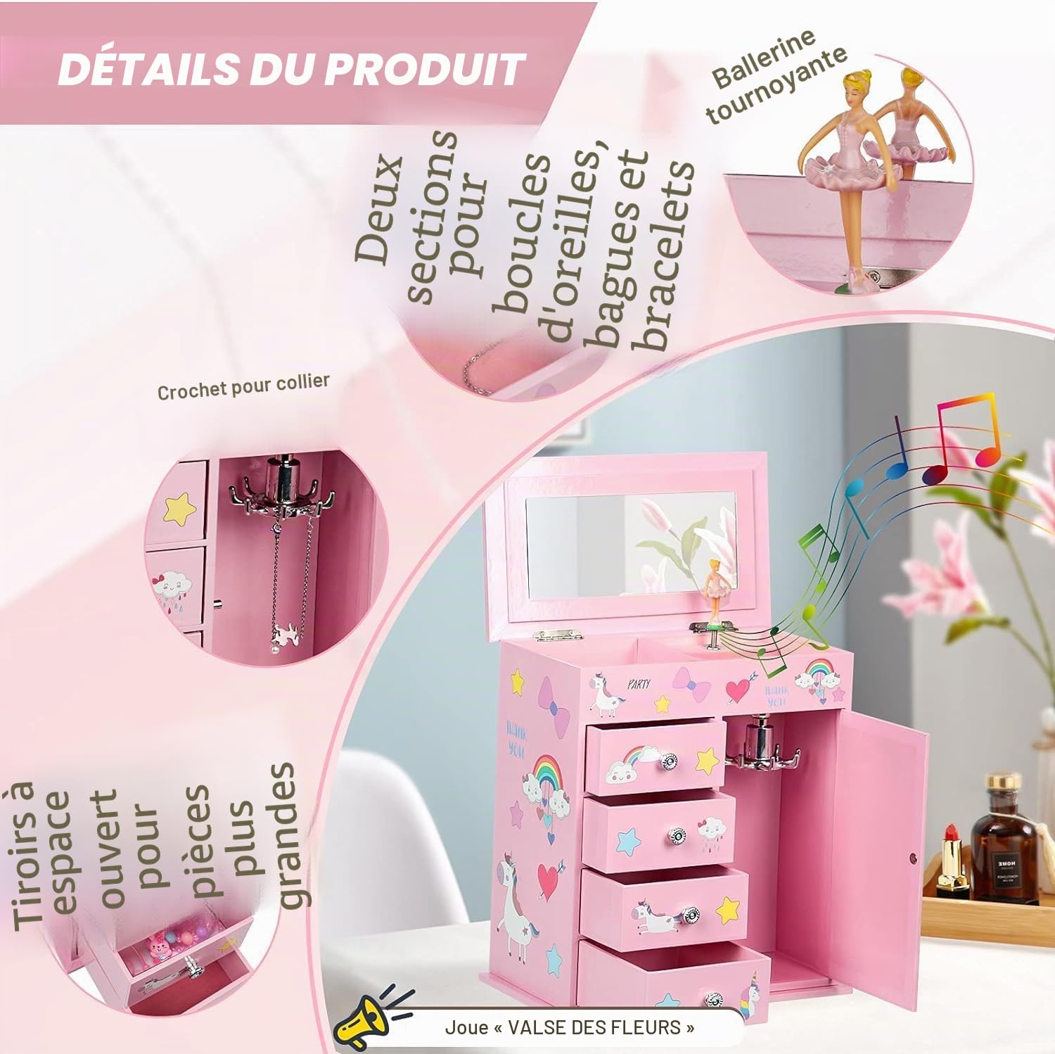 Redcoutt Boîte à Bijoux pour Fille avec 5 Couches, Porte Battante, Ballerine Rotative, Licorne et Château, Cadeau d'anniversaire pour Fille