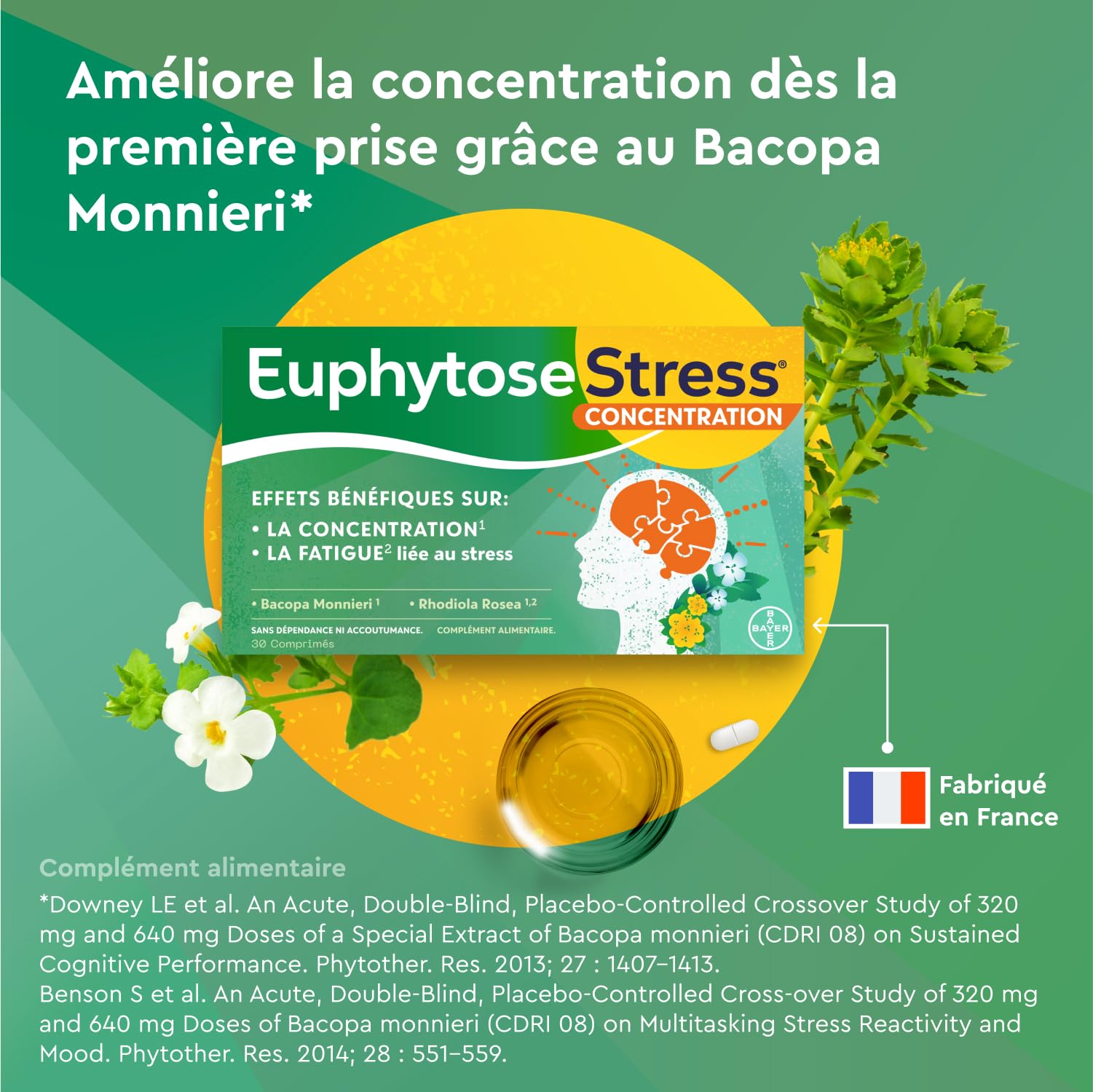 EuphytoseStress Concentration - Complément alimentaire - Bacopa Monnieri - Rhodiola Rosea - Plantes adaptogènes - Stress, Difficulté de Concentration - 3 mois - 3x30 comprimés - Fabriqué en France