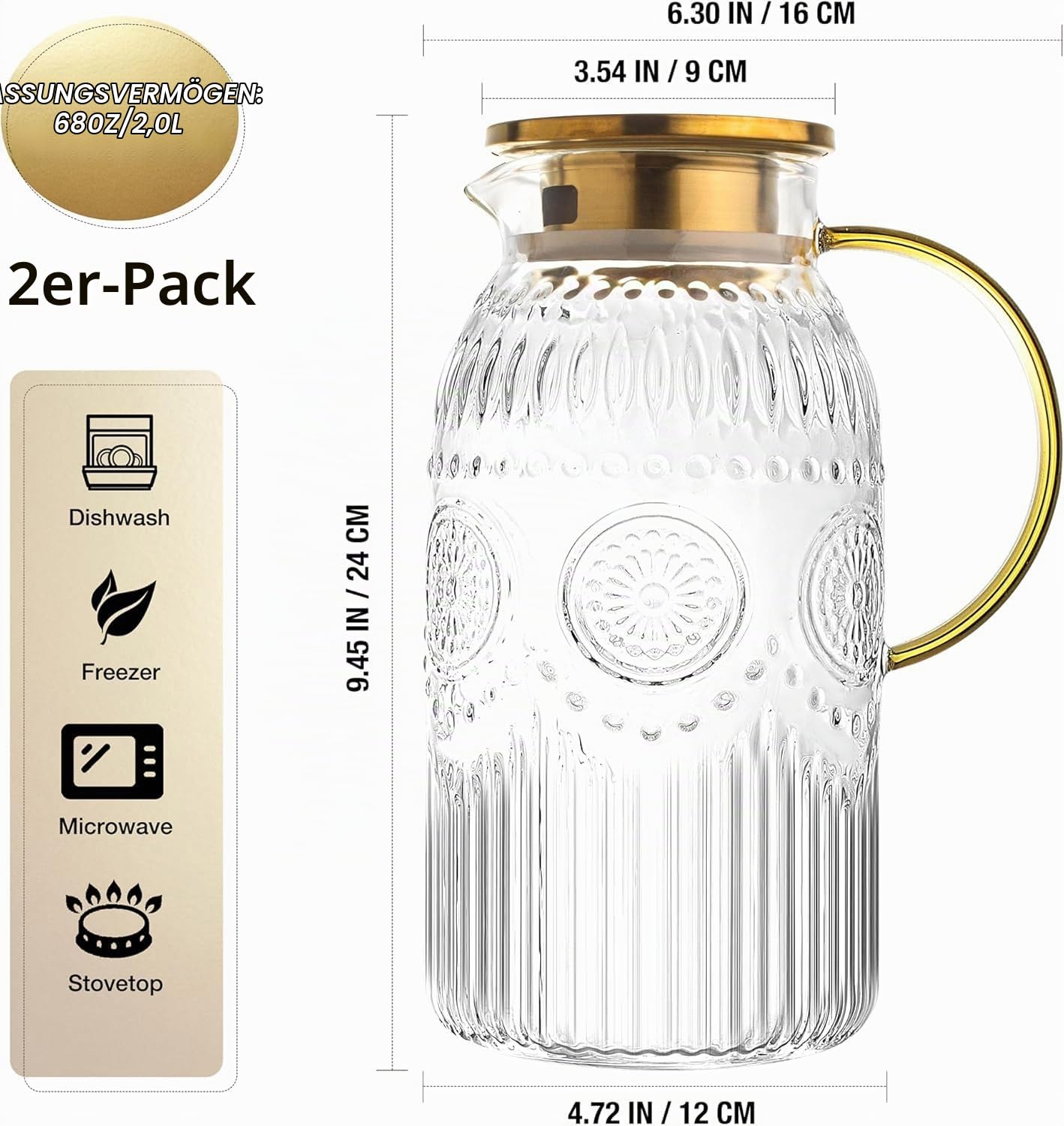 Glaskaraffe Mit Deckel 2 Liter, 2 Stück Edelstahl Deckel und Tropffreier Ausguss, moderne Glaskaraffe für Selbstgemachte Getränke, Eistee, Kaffee, Milch, Wein