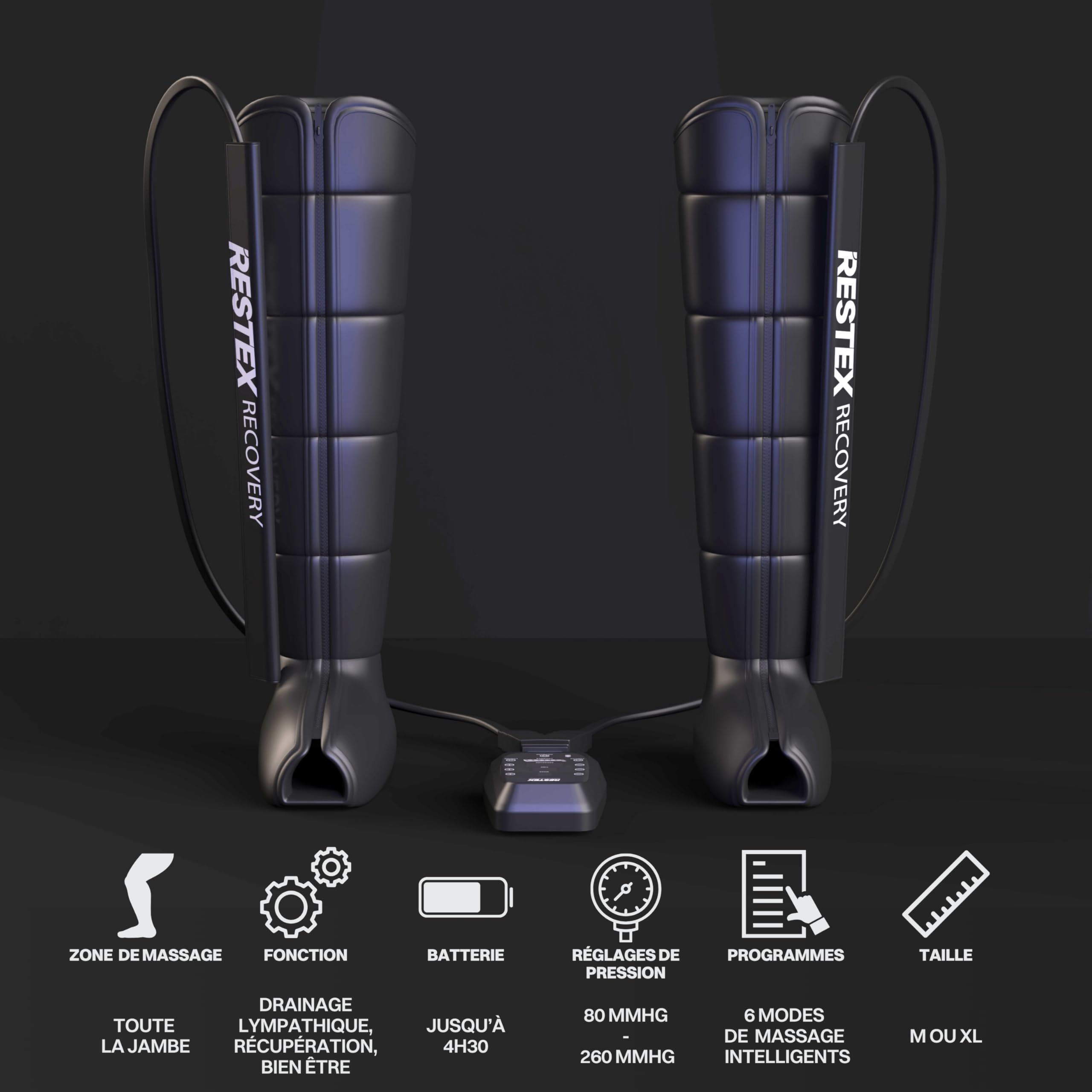 Bottes de Pressothérapie 6 Chambres - Appareil de Massage Drainage Lymphatique pour Jambes Lourdes Pieds, Récupération Sportive, Rétention d'Eau, Cellulite - Garantie 2 Ans (Taille M)