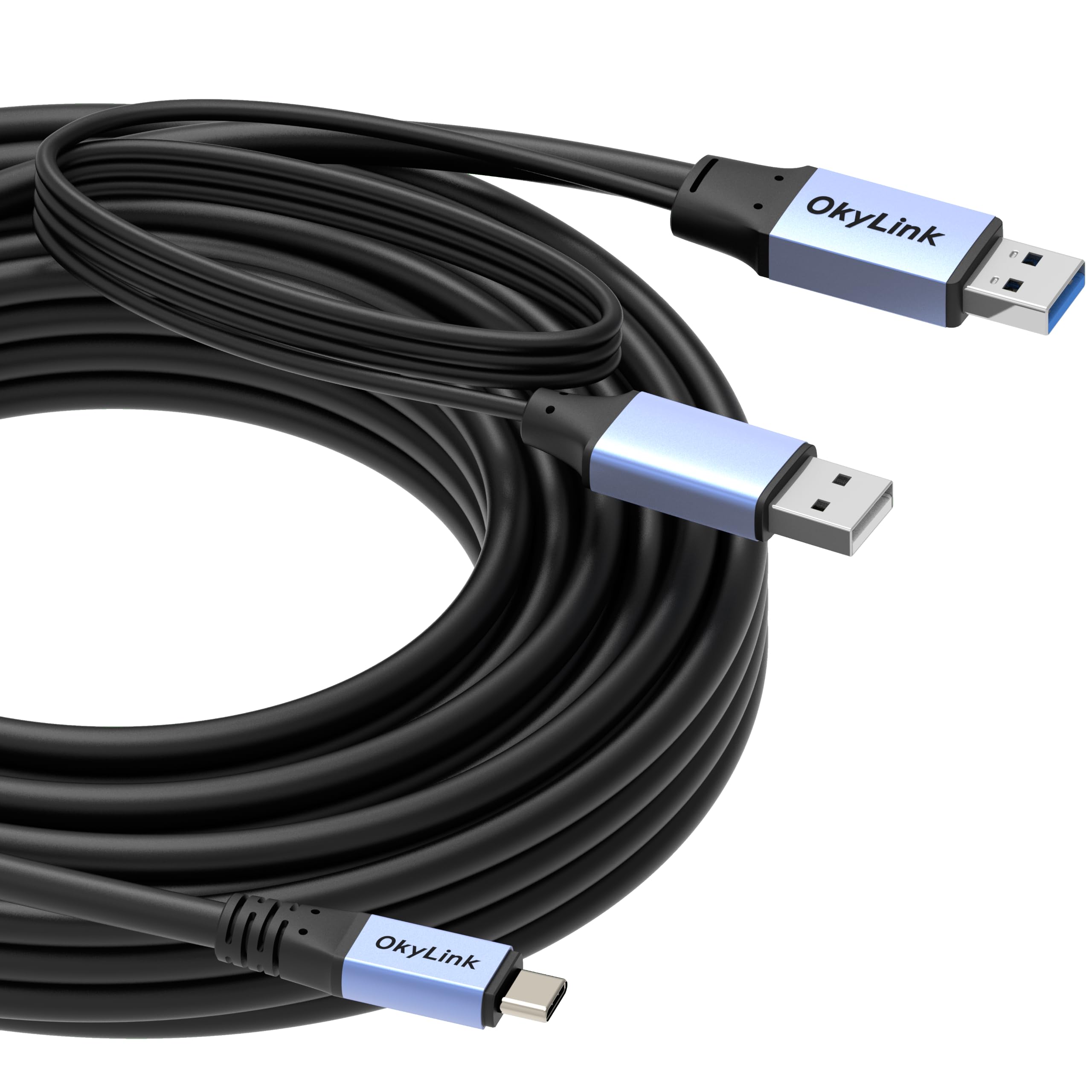 OkyLink Cable USB 3.2 Gen1 A a USB C – Transferencia de datos de alcance ultra largo de 5 Gbps, chip amplificador integrado y cable de alimentación, perfecto para equipos industriales, VR e impresoras