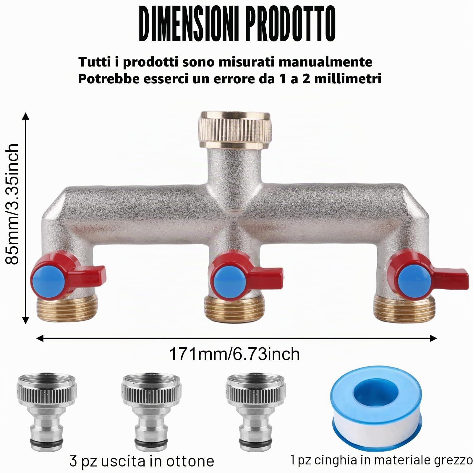 Distributore dell'acqua per rubinetto a 3 vie: distributore d'acqua da giardino in ottone per 3 adattatori per tubo da giardino, 3 distributori da 3/4", adattatore da 1/2", con valvola a sfera per la