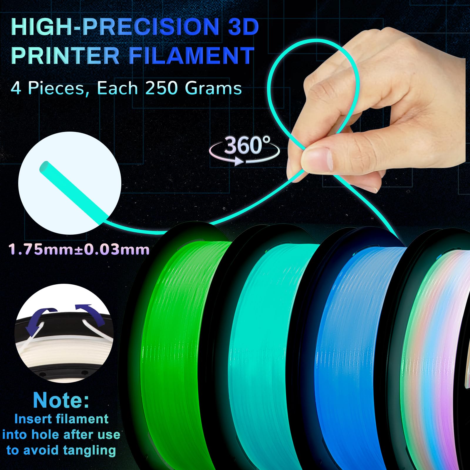 Glow in the Dark 3D Printer Filament - Multicolor Set -5 Glow in the Dark 3D Printer Filament - Multicolor Set -5