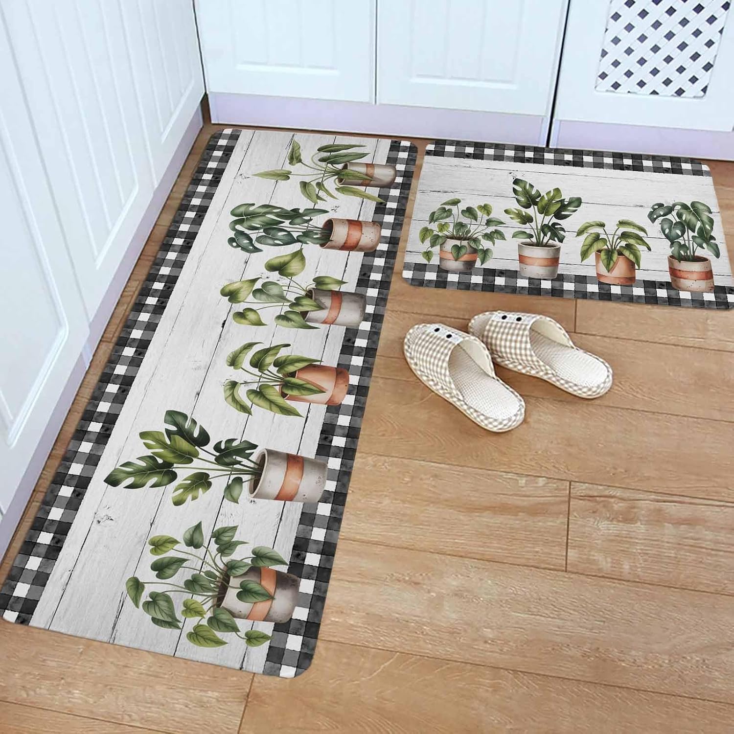 Spring Kitchen Rugs and Mats Set of 2, Non-Slip Kitchen Sink Mat, Farmhouse Pots Plant Leaves Wood Plank Black Plaid Washable Doormat Bathroom Rugs Runner for Bedroom/Living Room 19.7"x31.5"+19.7"x63"