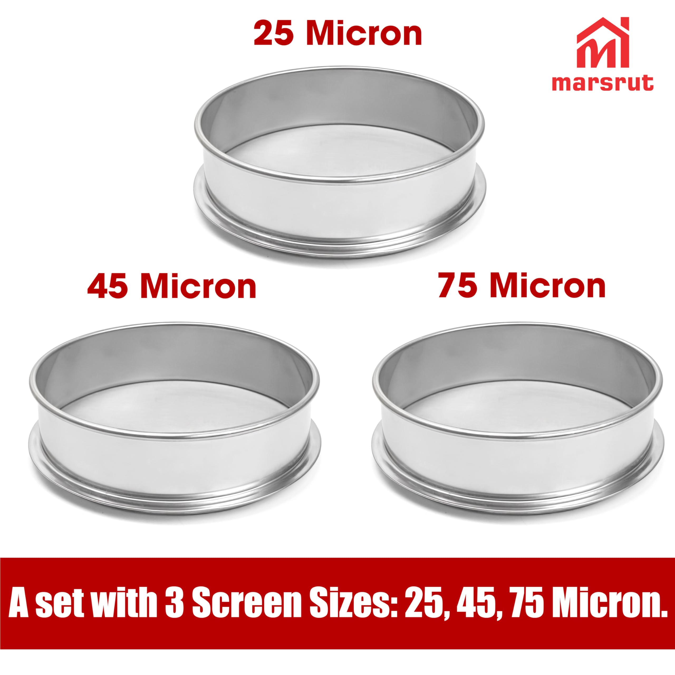 Lot de 3 tamis en acier inoxydable pour herbes, pollen, empilable, 25, 45, 75 microns (taille : 15 x 4,8 cm, couleur argent)