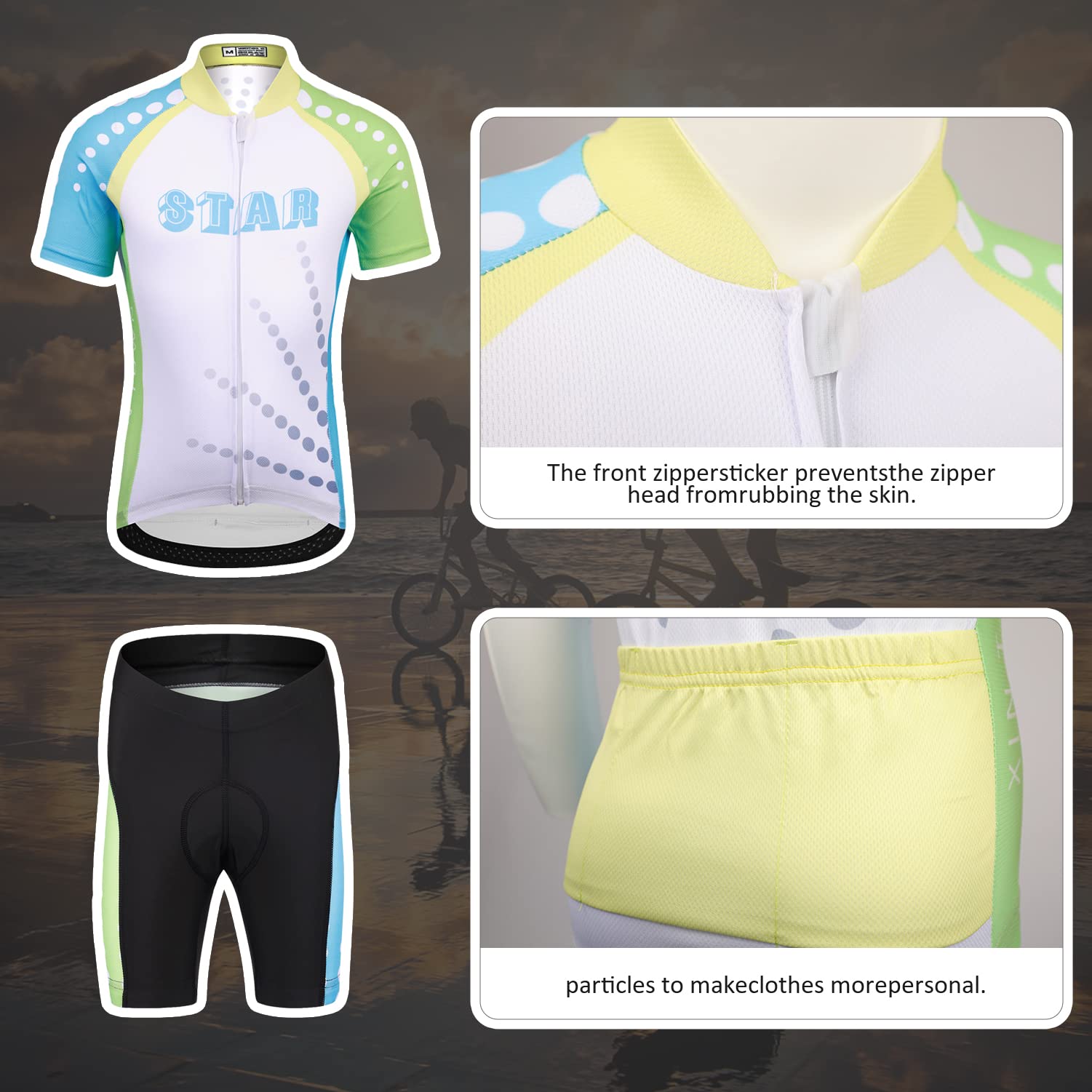 Maillot de Cyclisme Garçon Fille Cuissard Vélo T-Shirt Cyclisme à Manches Courtes Combinaison VTT pour Unisexe Enfant