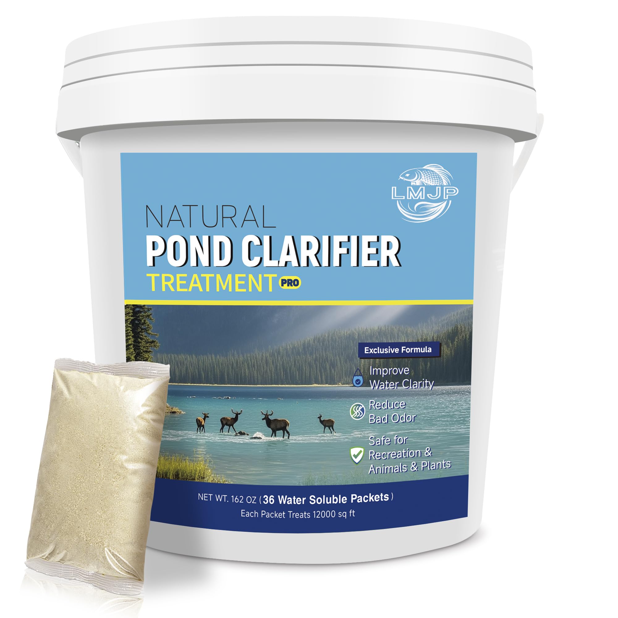 LMJP Pond Clarifier Treatment – 36 Packets Natural Pond Water Clear for Outdoor Lakes – Beneficial Enzymes to Improve Water Clarity &amp; Eliminate Odor – Treats Up to 432,000 Sq Ft