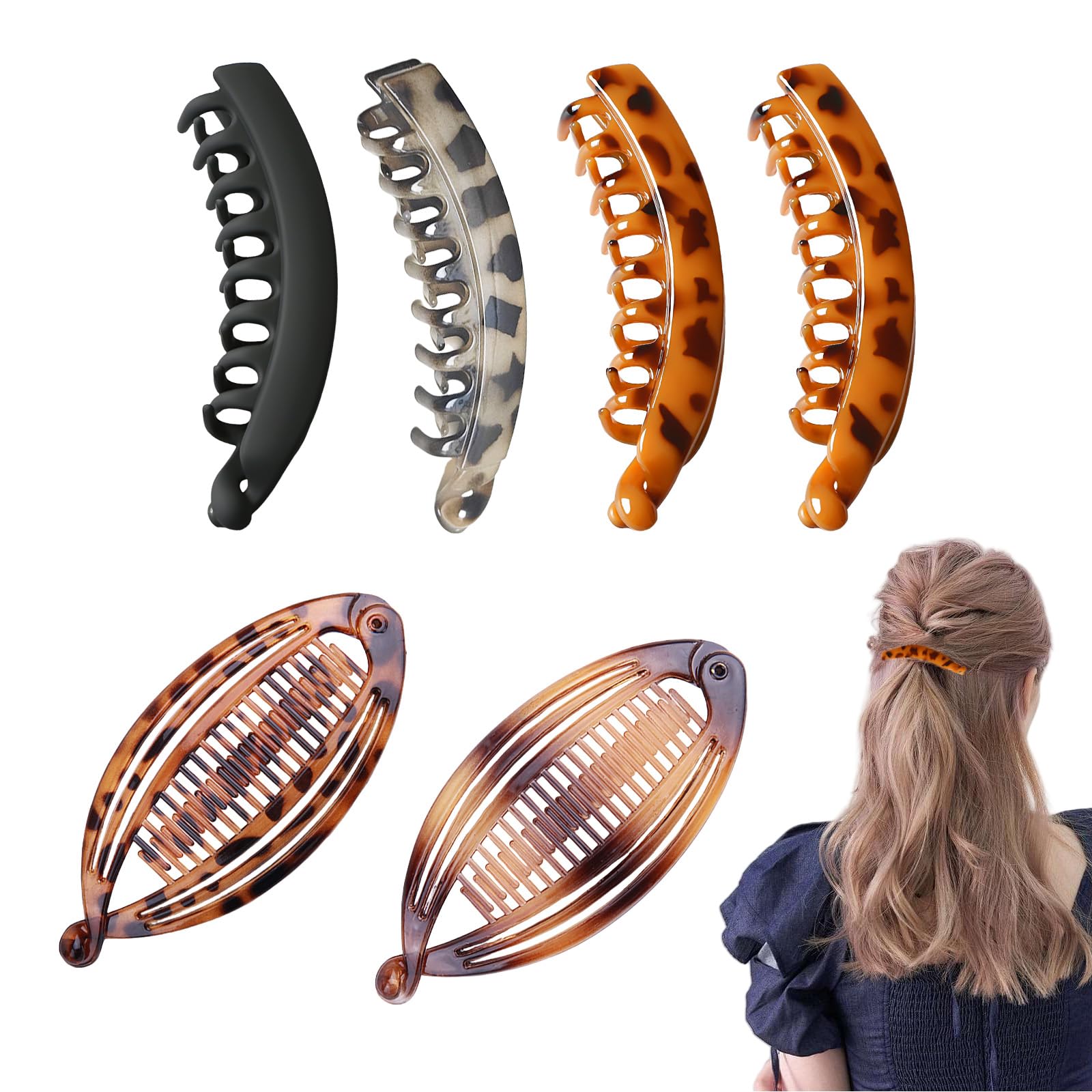 GWAWG Pack of 4 Large Banana Hair Clips and 2 Pieces Comb Flat Banana Hair Pins Vintage Hair Clip Ponytail Hair Clip Thin Thick Hair for Banana Clip Sturdy Banana Clip Hair for Women and Girls