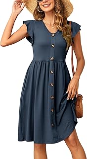 SENBATU Summer Dress Ruffle Sleeve V Neck Casual Dresses for Women Pleated Midi Dress with Pockets