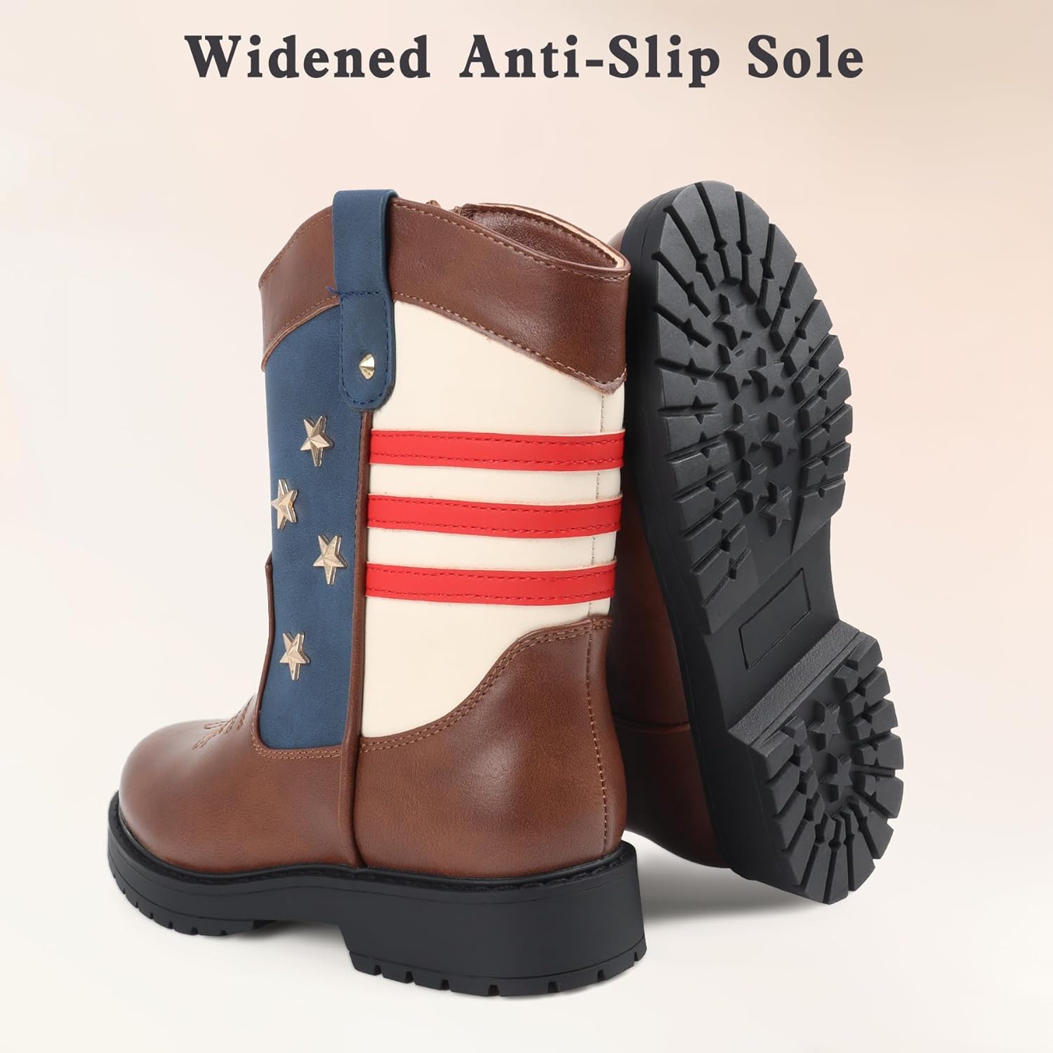 Cowboy/Cowgirl Boots for Boys/Girls Toddler Western Wide Calf Square Toe Kids Boots with Side Zipper (White+ Brown+Dark Brown)