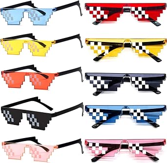 0 Pack Cool Thug Life Glasses, Pixelated Mosaic Gamer MLG Party Sunglasses, 8 Bit Pixel Funny Sunglasses for Adults, Black