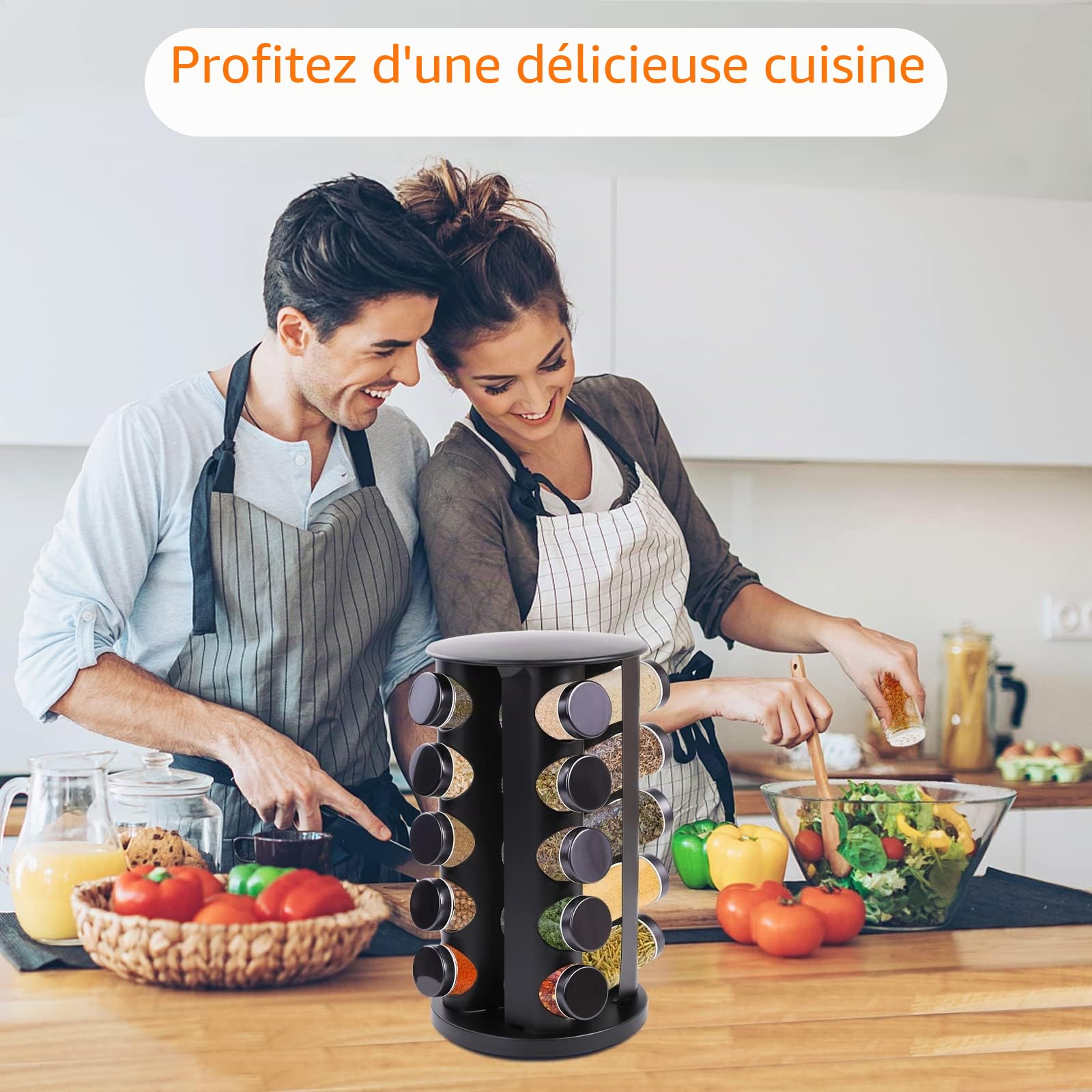 Carrousel à ÉPices à 360°, Étagère à Épices Rotative en Acier Inoxydableavec 20 Pots à Épices, Étiquettes, Stylo, Entonnoir, Couvercle, Étagère à Épices Pour Comptoir Cuisine, Noir