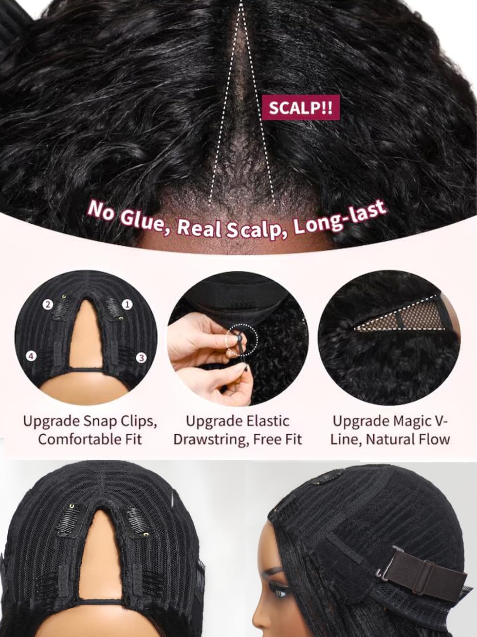 UNICE Yaki Straight V Part Wig Human Hair No Leave Out Glueless Upgrade U Part Wig Human Hair Clip in Wigs Beginner Friendly No-Sew In No Glue 18 inch, V-Part Black Wig