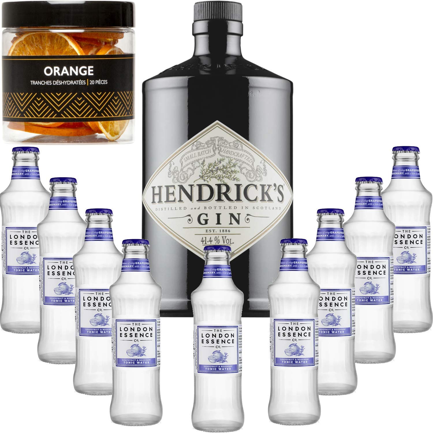 Gintonic - Hendricks Gin 41,3 ° + 9London Esencia"pomelo y Romero" - (70cl 20cl + 9 *) + 20 Pot naranja rodajas de deshidratado.