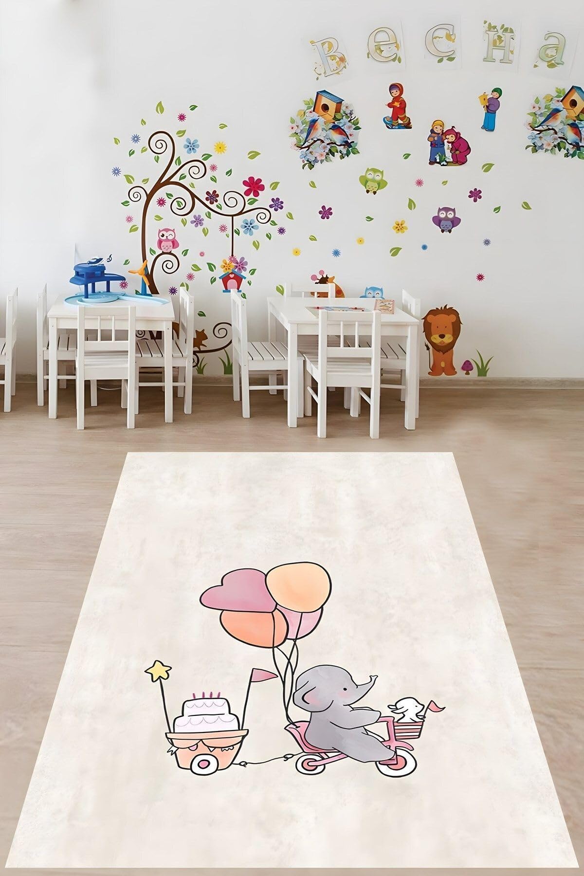 Pelangi Pasta Taşıyan Balonlu Sevimli Fil Yıkanabilir Kaymaz Taban Leke Tutmaz Çocuk Odası Halısı, Gri-Beyaz 80 x 600
