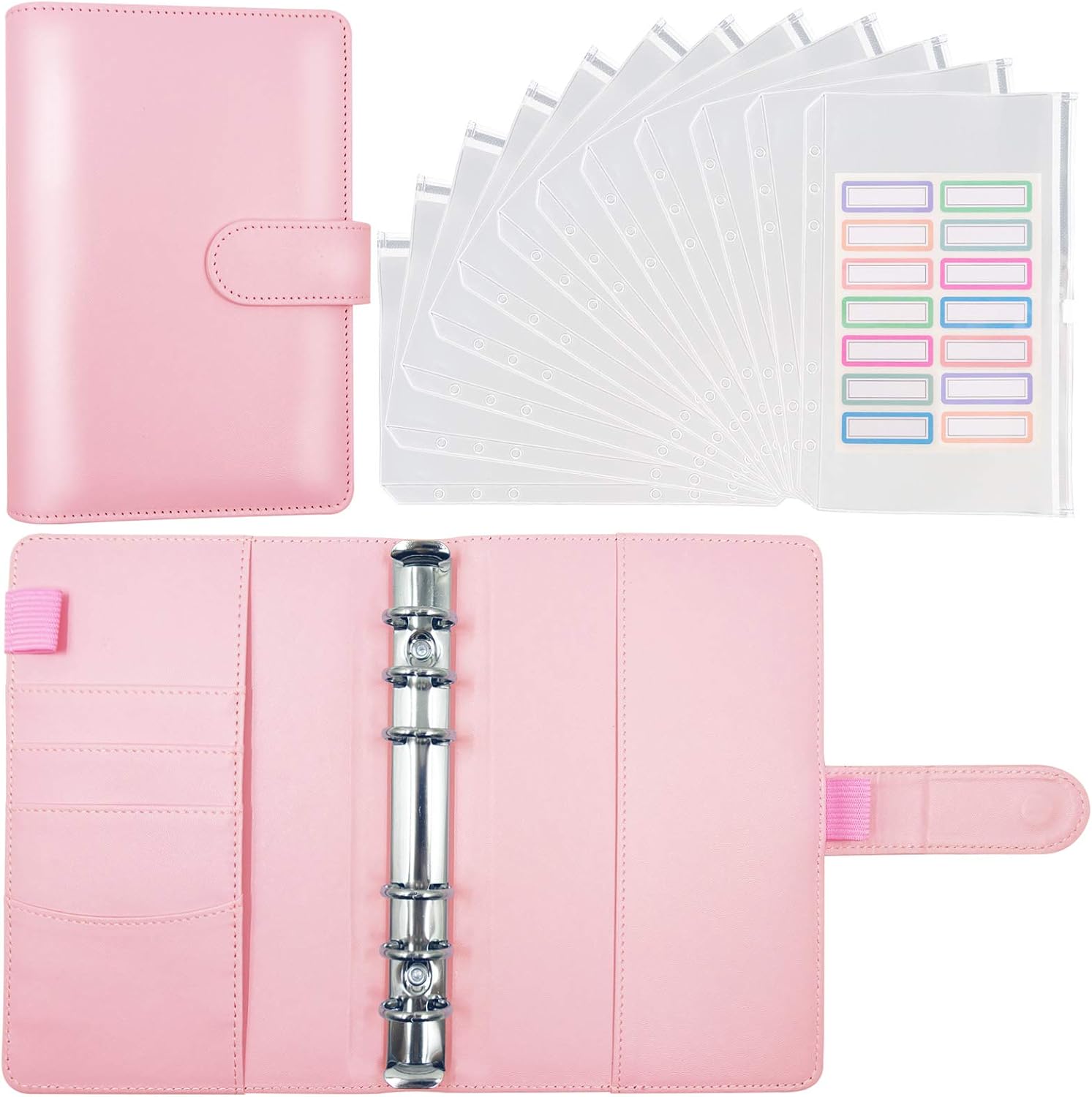 A6 PU Leather Notebook Binder with 12pcs Plastic Binder Pockets, Loose Leaf 6 Ring Binder, Budget Envelope System, Budget Envelopes, Binder Cover with Magnetic Buckle Closure - Pink