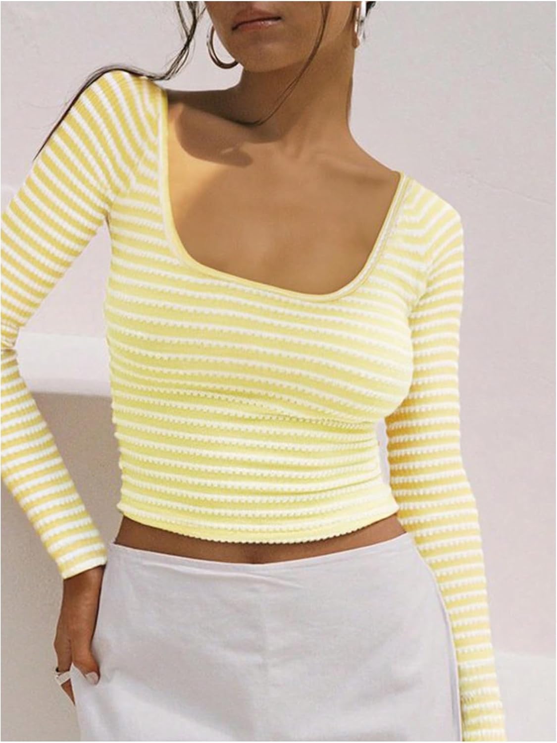 Women's Striped Long Sleeve Crop Tops Scoop Neck Fitted Y2K Tee Shirts - Image 3