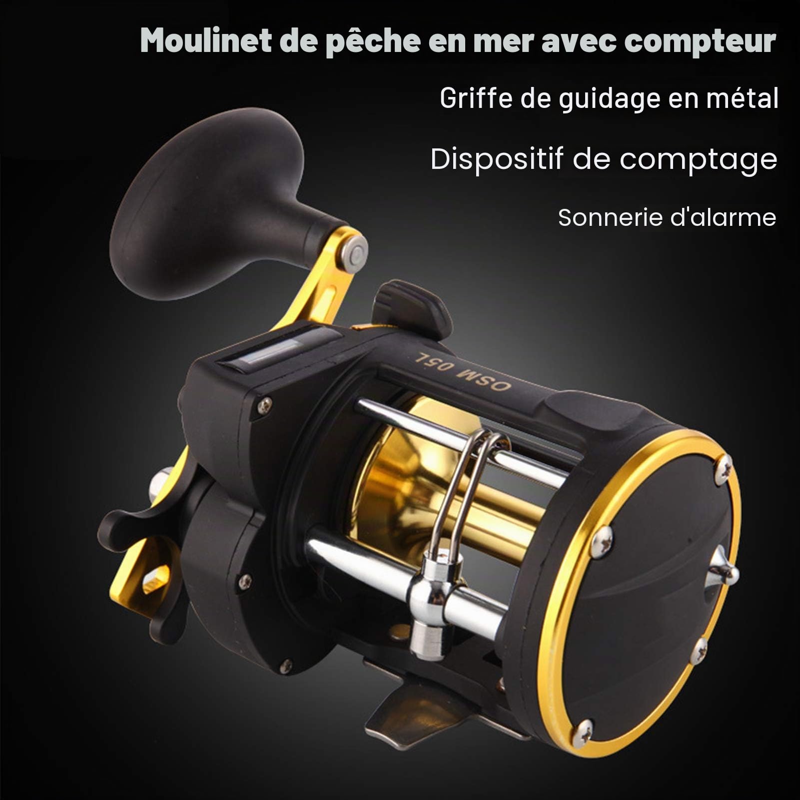 Gavigain Moulinet de pêche, Roue de pêche en métal pour Bateau avec Compteur de Ligne, Moulinet de pêche à la traîne avec Rapport de Vitesse, roulement Durable pour la pêche côtière en Eau salée