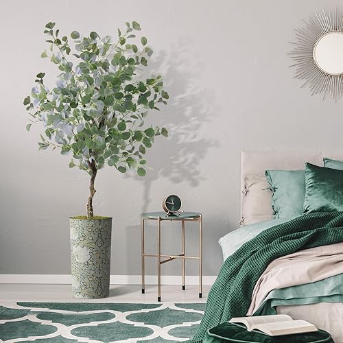 Miniatura 5 de Árbol artificial en macetero con patrón de flores, eucalipto falso de seda para decoración del hogar en interiores y exteriores, altura total 66