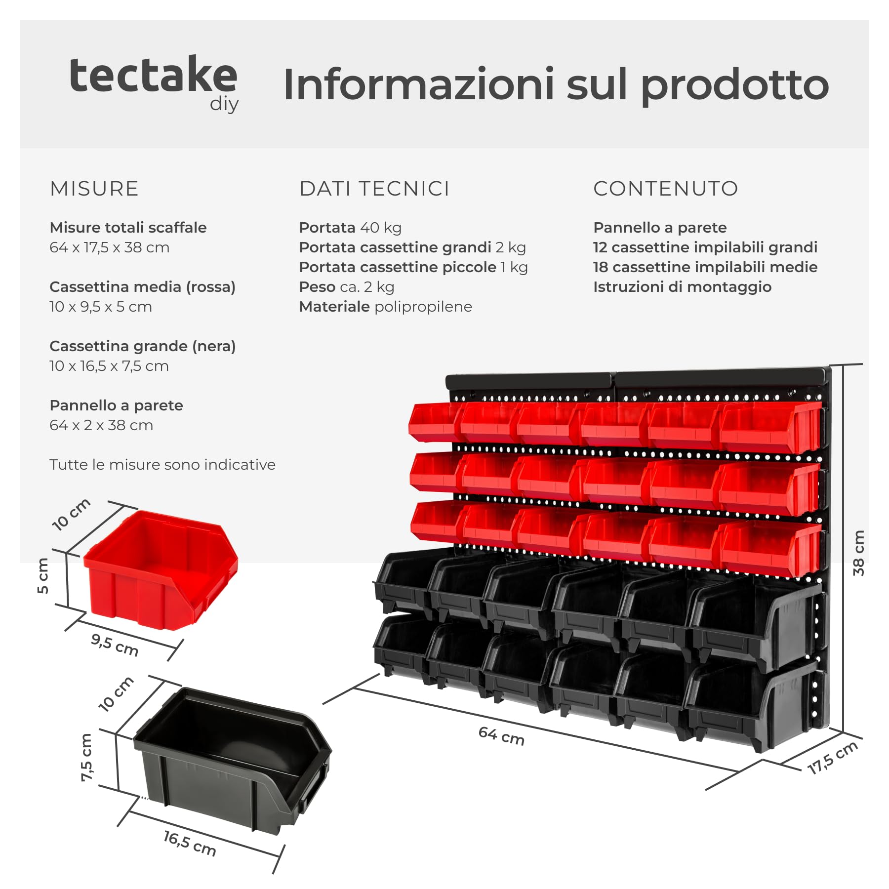 tectake® Portaminuteria, Scaffale da Parete, 30 Cassetti Impilabili, 12 Grandi e 18 Medi, Meccanismo di Apertura Comodo, 64x38x17,5 cm, Cassettiera Officina - Scaffale Singolo