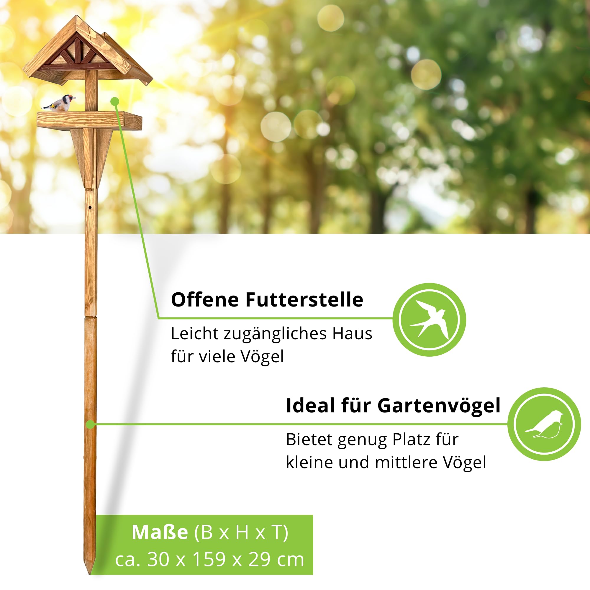 GARTENETAGE Höhenverstellbares Vogelhaus mit Ständer wetterfest/massives Vogelhaus Holz mit Erdspieß/Vogelfutterhaus mit Ständer/Robustes Vogelhäuschen für Ihren Garten
