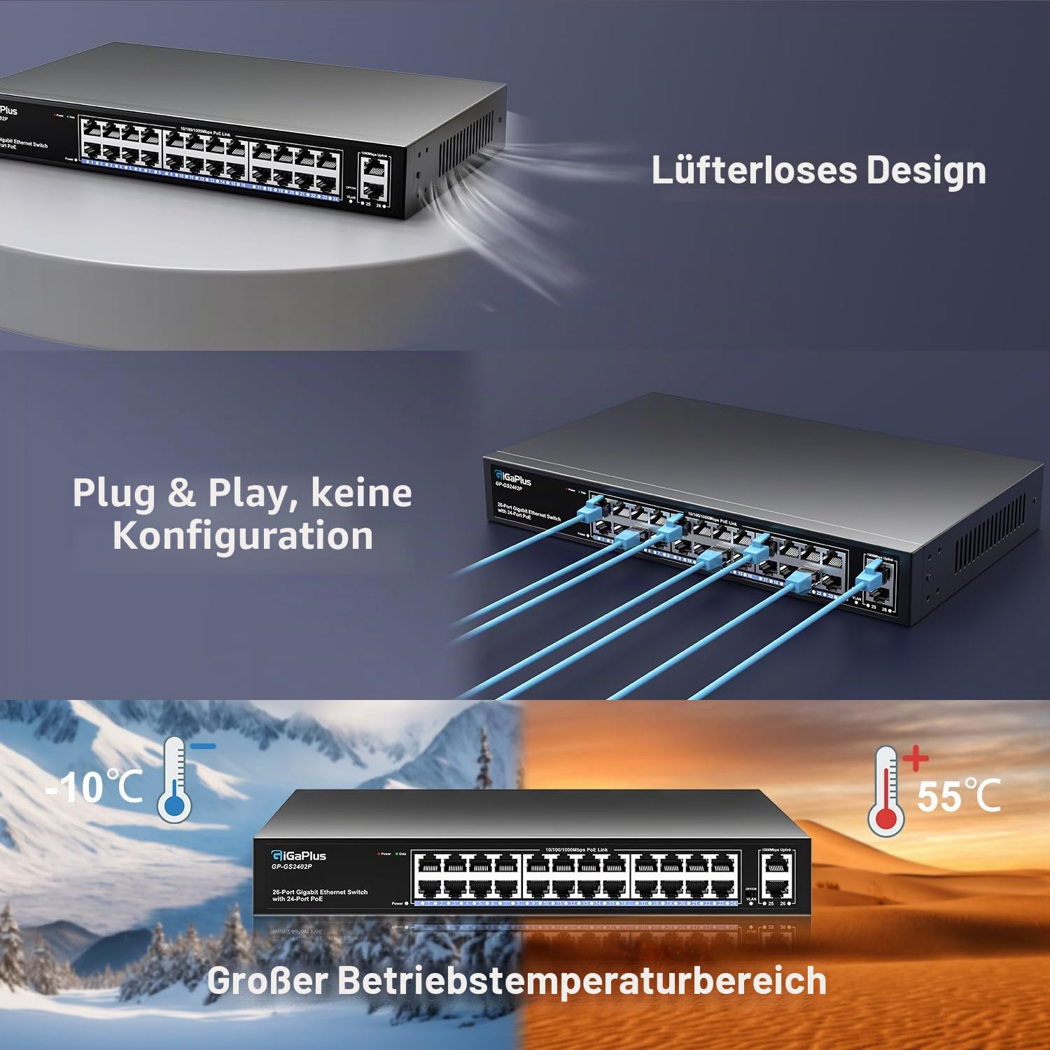 26 Port Gigabit PoE Switch with 24 Port PoE+ 1000Mbps, 2x1000Mbps Uplink, GiGaPlus 26 Port IEEE802.3af/at PoE @320W, Support VLAN, Metal Housing, Desktop or Wall-Mount, Plug & Play