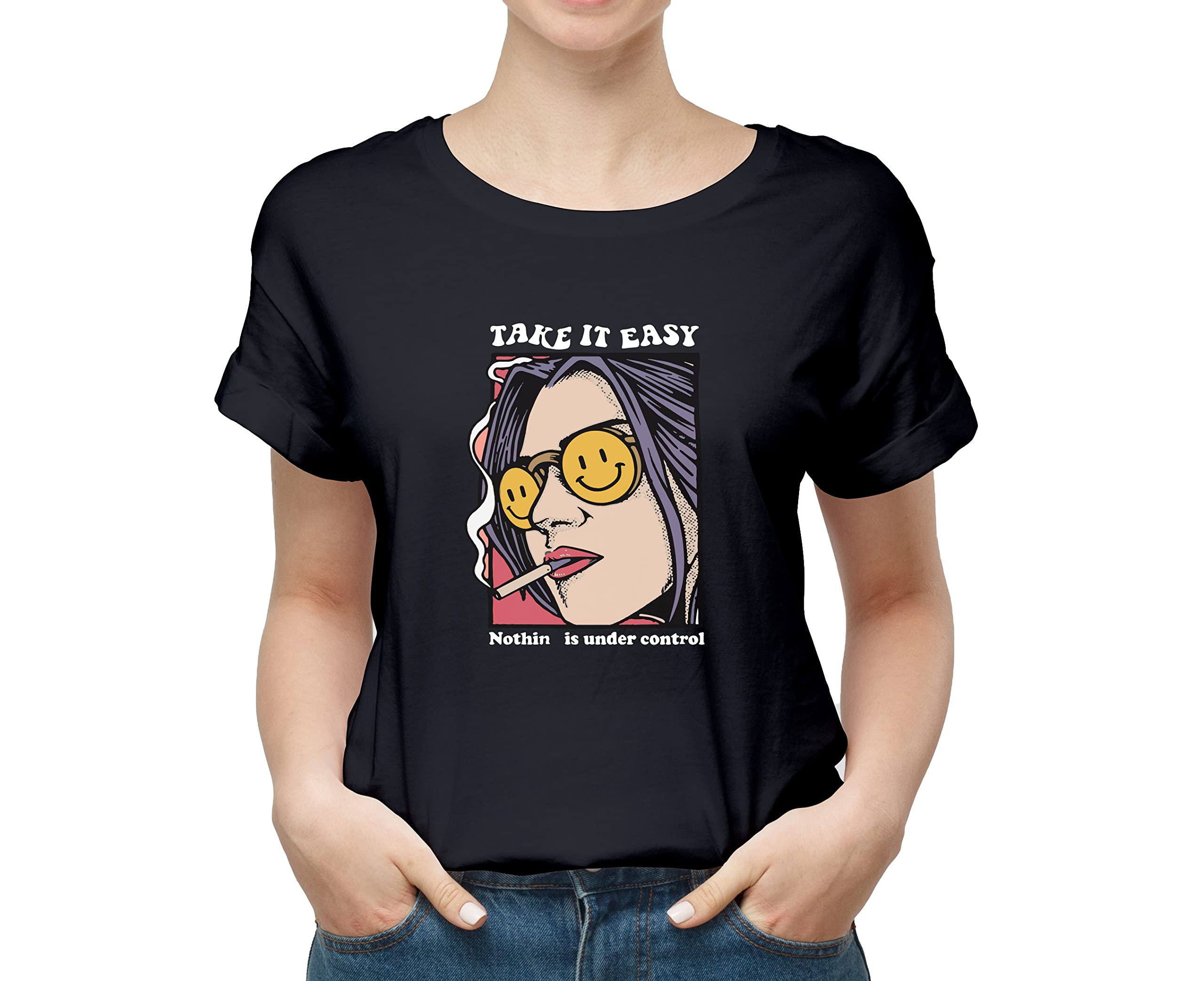 Vegon KartTAKE IT EASSY 100% Cotton Round Neck Graphic Printed T Shirt for Women, Quote Tshirts, Graphic tees, Music Lover t Shirt