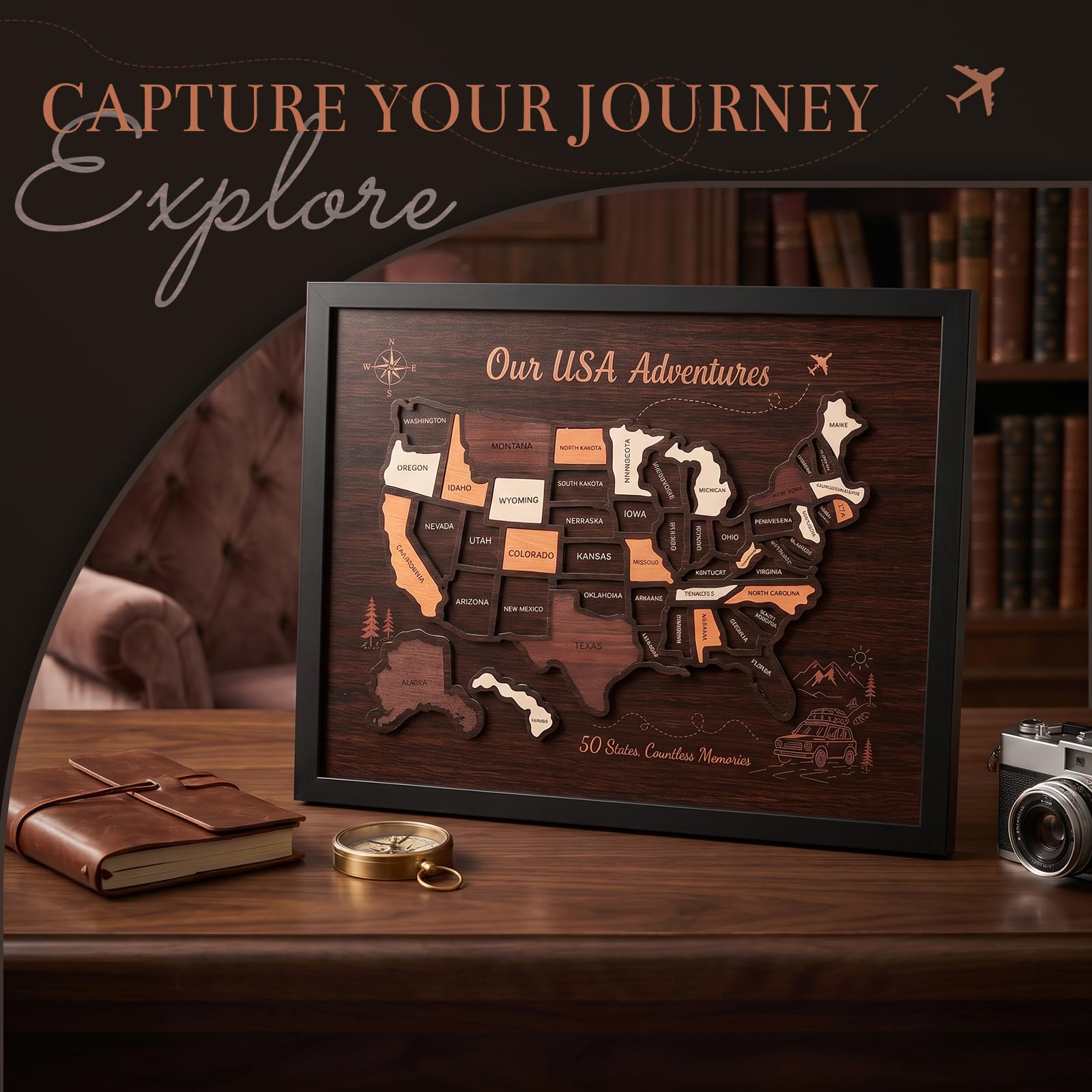 Rompecabezas de mapa de viaje de madera, 15 x 12 estados, mapa de viaje de Estados Unidos para marcar lugares visitados, regalo de decoración de pared de Estados Unidos para parejas y familias