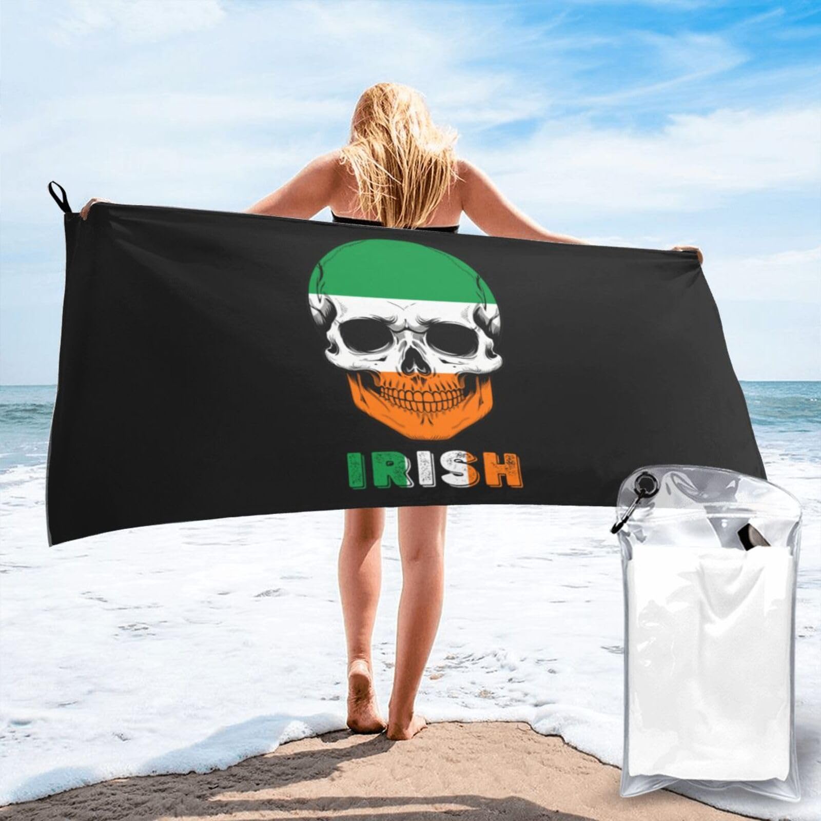 HACXZ Skull Irish Flag Lightweight Absorbent Beach Towel Microfiber Beach Towel 31.5"X63"