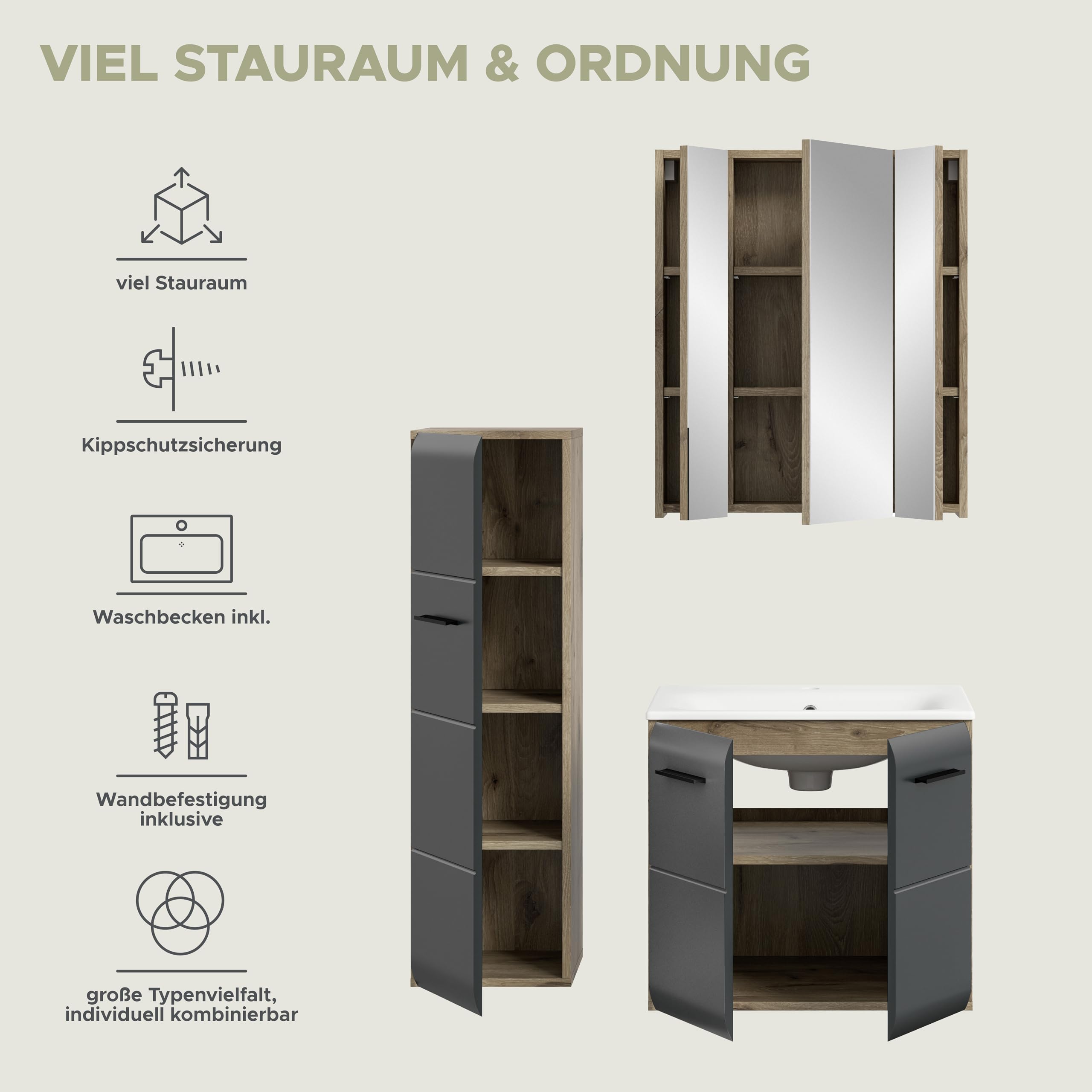 xonox.home – 3 TLG. Badmöbel Kombination Ice 105x185x46 cm in Korpus Nox Oak Nachbildung und Front schwarz matt – Platzsparendes Badezimmermöbel-Set in modernem Hochglanz-Look – Bild 9