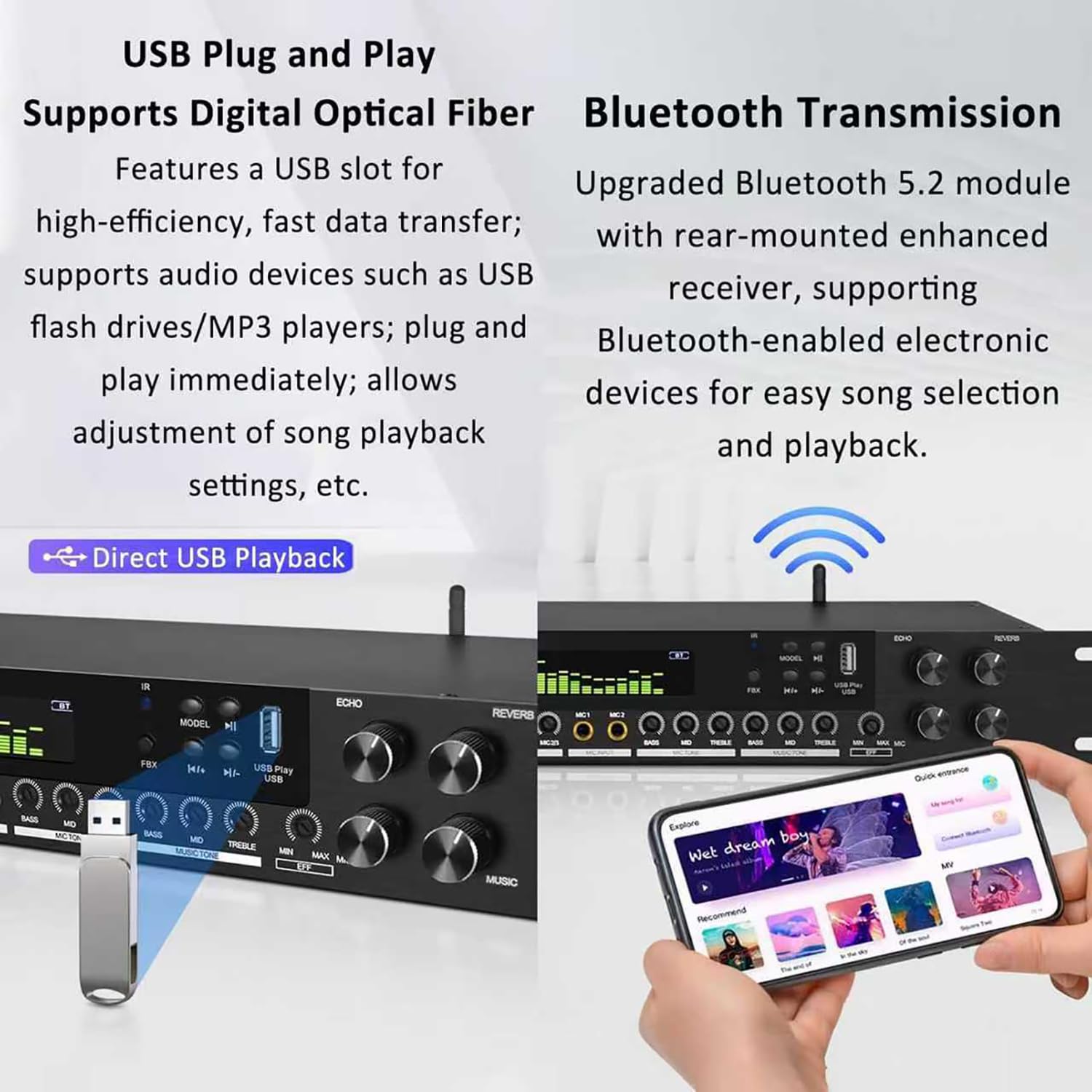 Procesador de audio digital preetapa con ecualizador antiaullidos, pantalla LCD, ritmo de espectro dinámico, efectos ajustables para uso doméstico y escénico