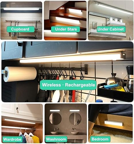 Miniatura 2 de Luces de armario que funcionan con pilas, con sensor de movimiento, activadas, recargables, para debajo del mostrador, luces magnéticas inalámbricas