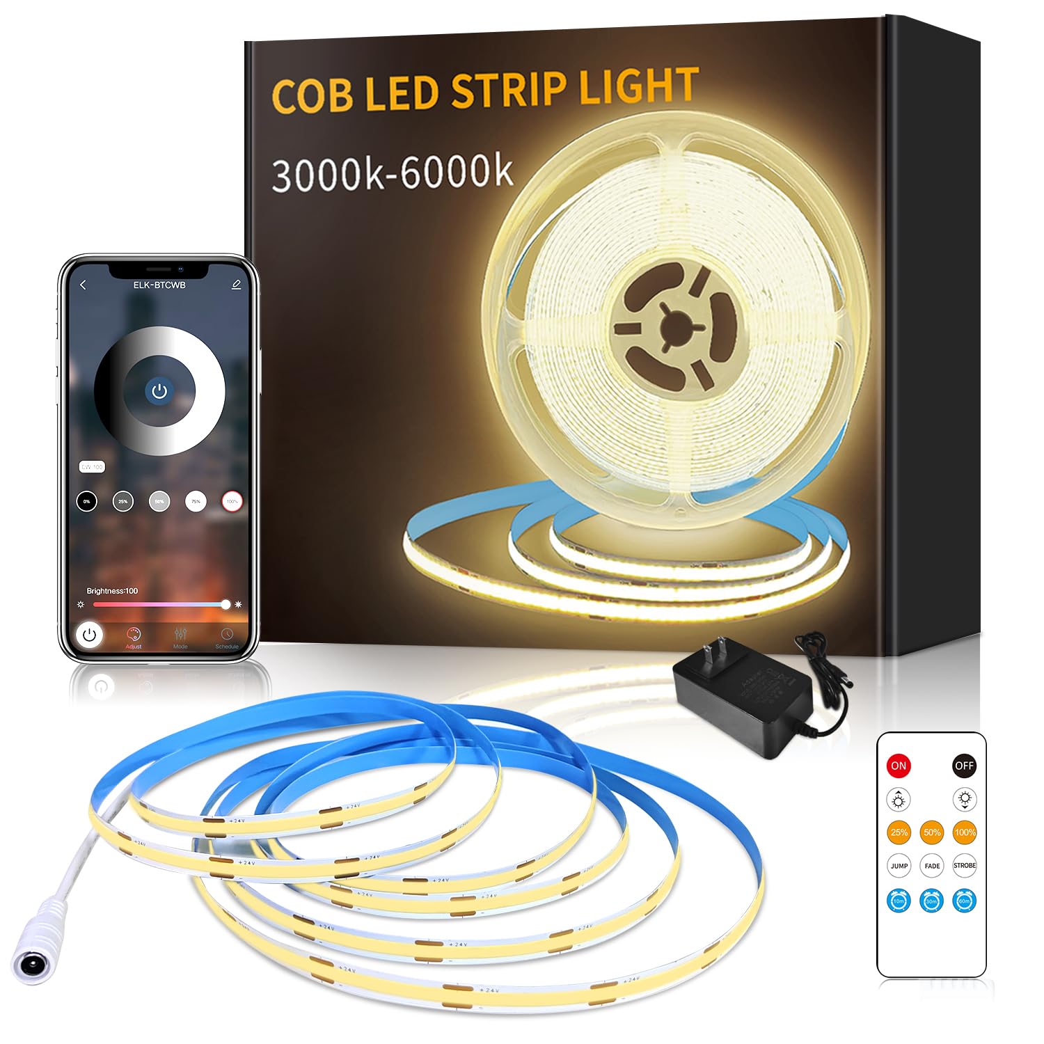 Yeewhale 16.4ft COB LED Strip Lights 3000K Warm White Dimmable DC 24V Flexible LED Tape Light for Bedroom, with Remote and app Control LED Light Strip