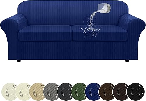 Miniatura 18 de Funda para sofá 100% impermeable, juego de 4 piezas, funda de sofá a rayas para sofá de 3 cojines, con parte inferior de TPU a prueba de fugas