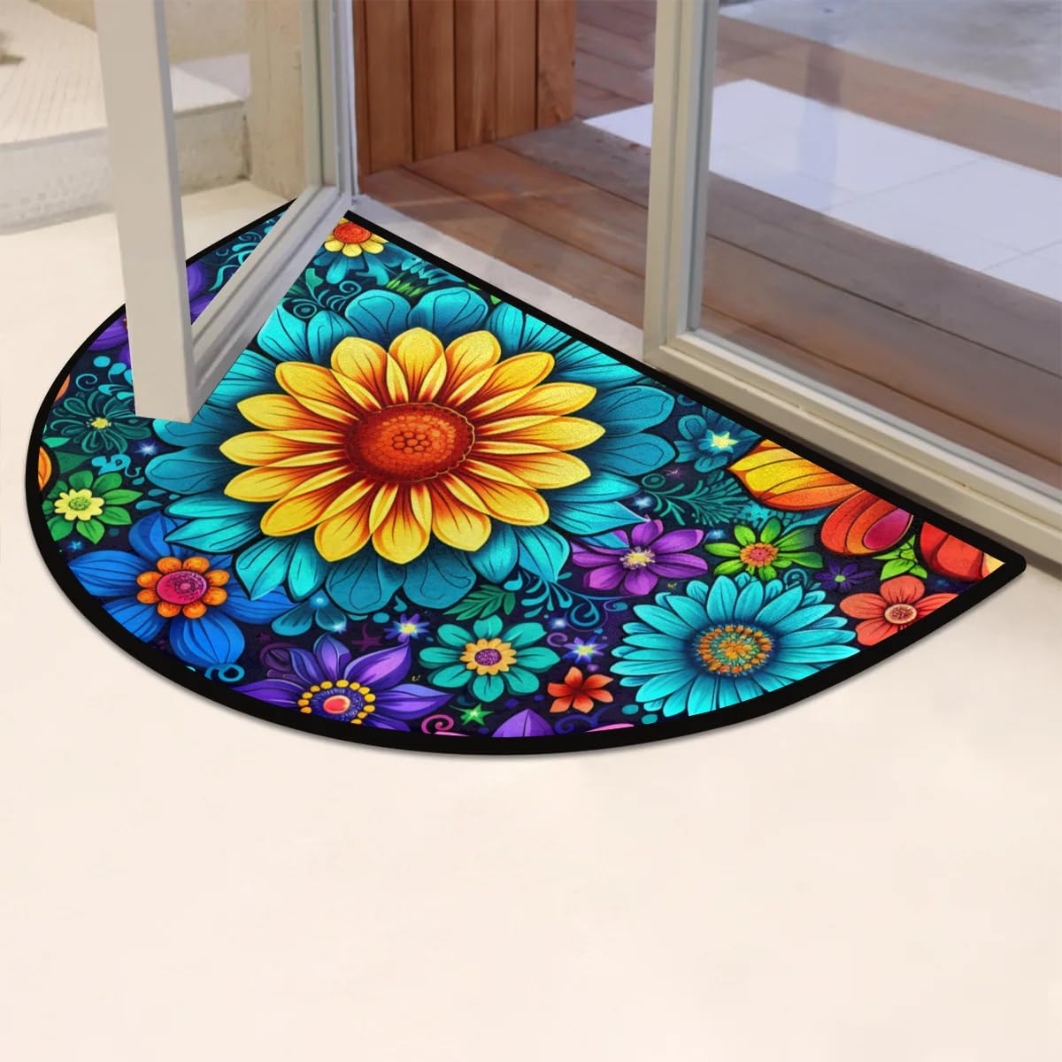 cfpolar Half Round Door Mat Mandala Flower Colorful Boho Non-Slip Semi Circle Area Rug Washable Semi Circle Floor Rug for Indoor Outdoor Living Room Bathroom Kitchen Patio Hearth Rugs Home Decoration