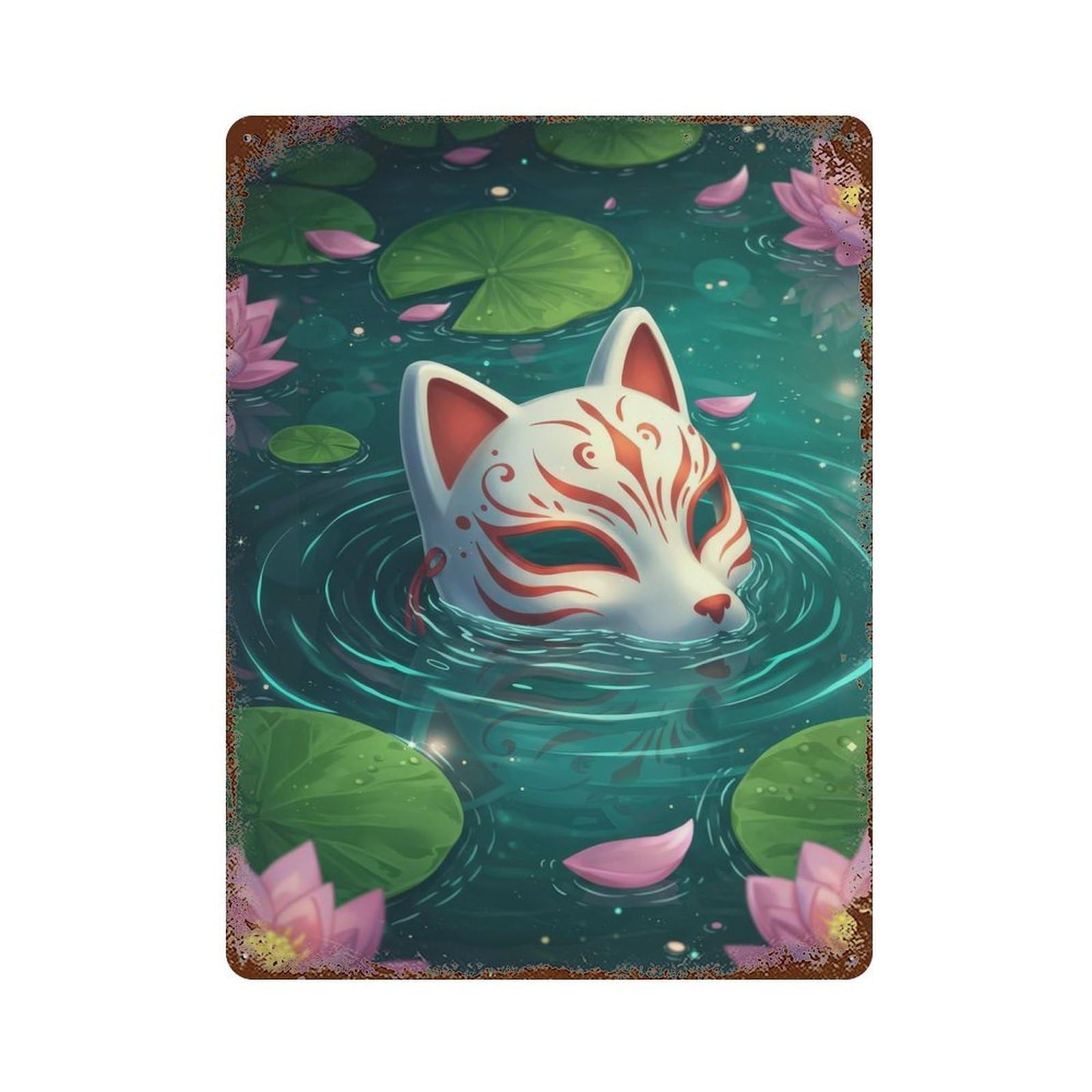 Fox Mask in Lily Pond Vintage Wall Sign 15.7"x11.8", Rust Effect Metal Decor for Living Room, Hallway And Home Decor