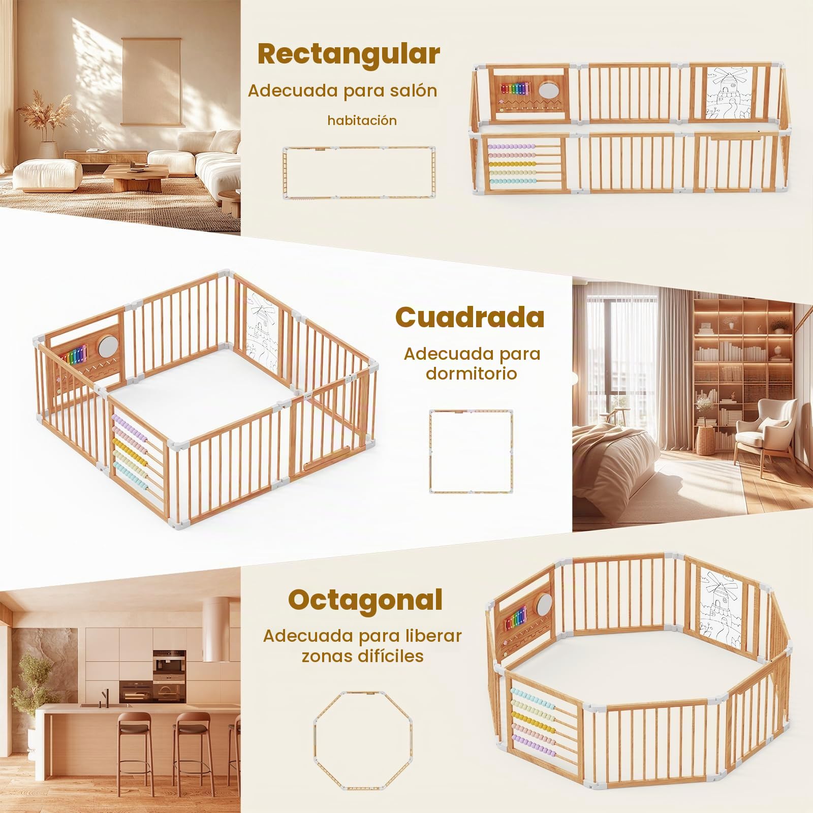 Meublaty Parque Bebé Plegable de Madera 160x160x61cm, Niño, Juegos -8 piezas | Modular y ajustable, Zona de juegos plegable, Recinto de seguridad, Uso interior