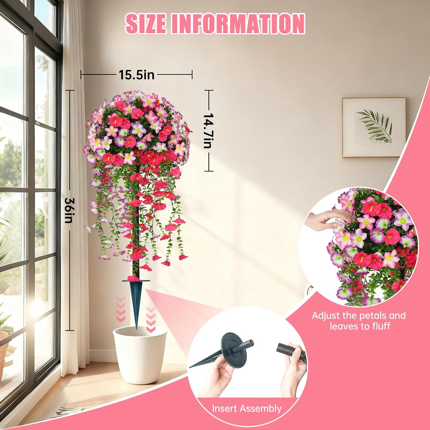 Artificial Topiary Ball Trees with Pink Morning Glory Flowers, 3FT Faux Outdoor Plants Artificial Bushes Set of 2 with Ground Spike, UV Resistant Fake Shrubs for Front Porch Garden