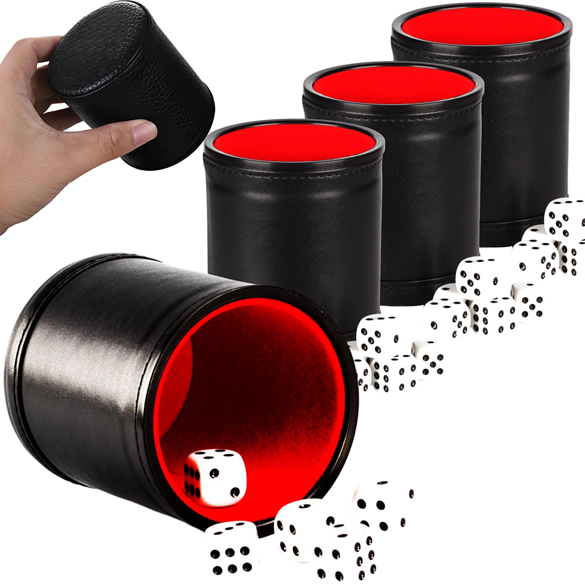 4 Pack Skórzany Kubek Kości z 20-Kościami, Aksamitne Wnętrze, Ciche w Trzęsieniu, Gry-Premium Zestaw Gier dla Rodzinnej Zabawy, Yahtzee, Imprezy w Grze Noce i Kłamców Kości Farkle Gry