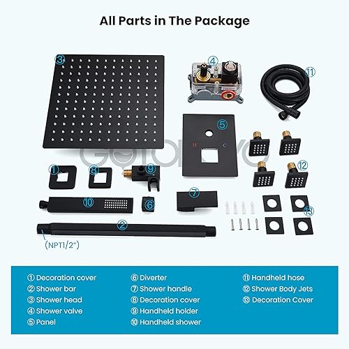 Miniatura 8 de gotonovo Juego de grifo de ducha mezclador de lluvia montado en el techo, cabezal de ducha cuadrado de 12 pulgadas con 4 chorros rociadores