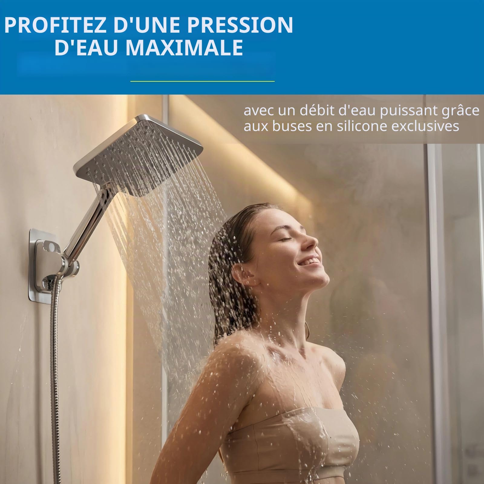 Grande Douchette À Main, Douches À Main Haute Pression Voolan, Douche À Effet Pluie Chromée de 25cm Suffisante pour Couvrir Tout le Corps, Carrée