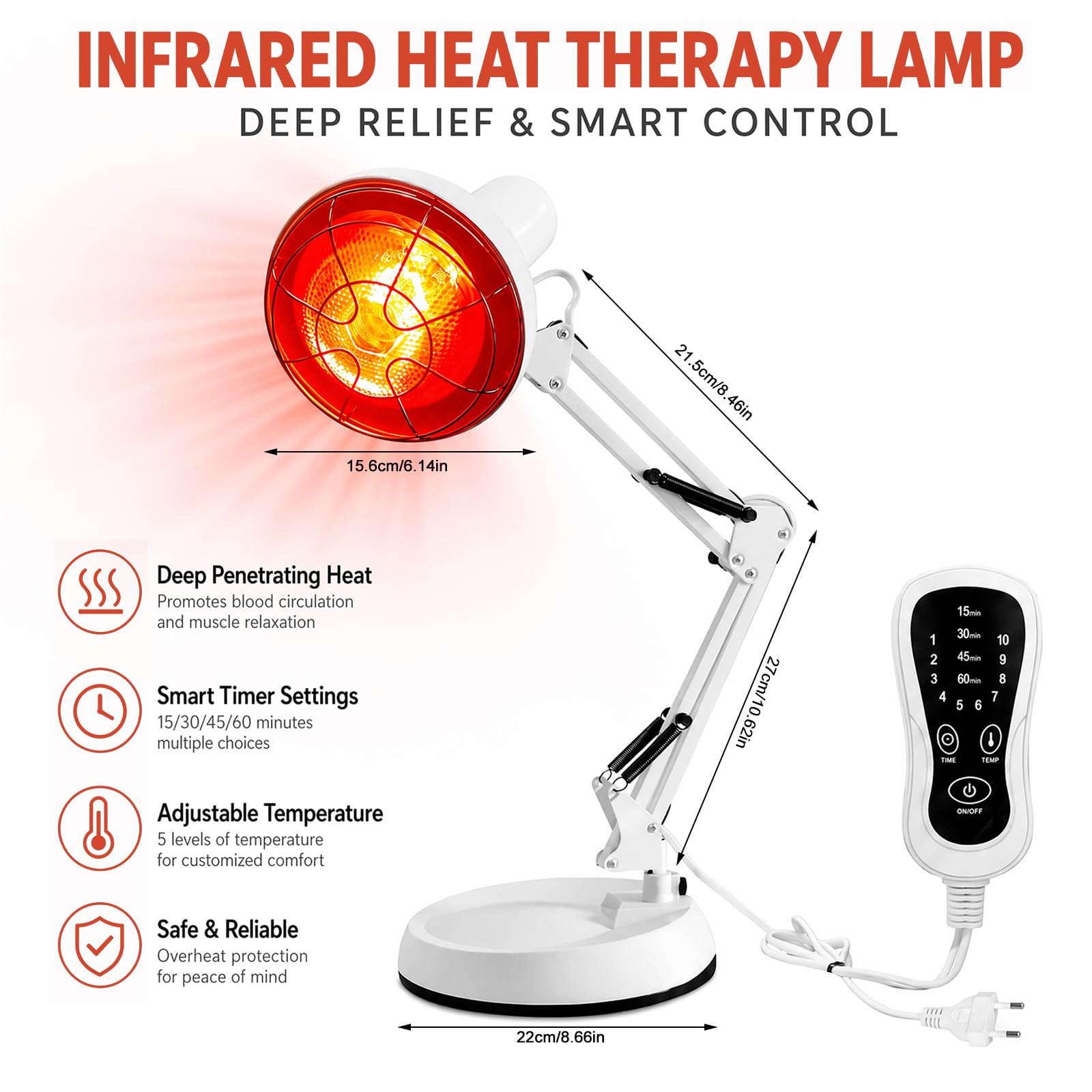 Rotlichtlampe Infrarotlampe Wärmelampe 150 Watt – Infrarotlicht Rotlicht Lampe zur Schmerzlinderung & Therapie, Infrarot Wärmelampe mit Timer für Gesicht, Verstellbare Red Light Therapy Infrared Lamp